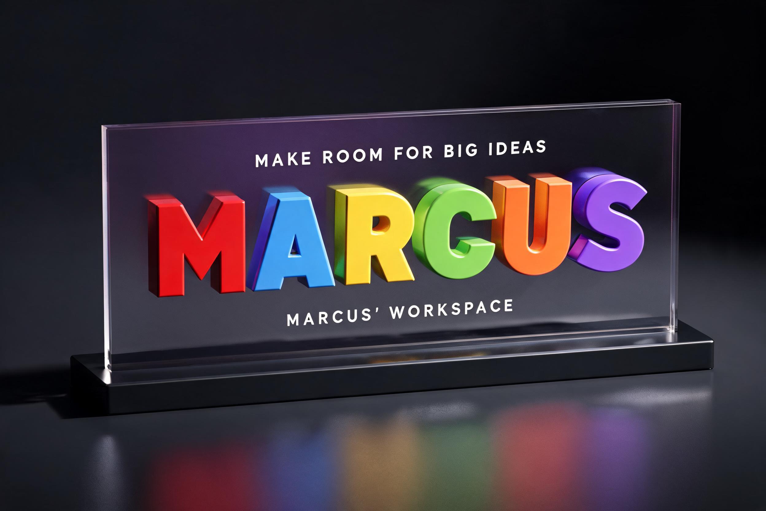 "MARCUS
MAKE ROOM FOR BIG IDEAS
MARCUS’ WORKSPACE" — 3d Bold | AI Text Effect Generator