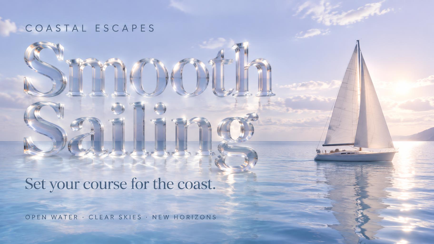 "Smooth Sailing
Set your course for the coast.
COASTAL ESCAPES
OPEN WATER · CLEAR SKIES · NEW HORIZONS" — Glass | AI Text Effect Generator