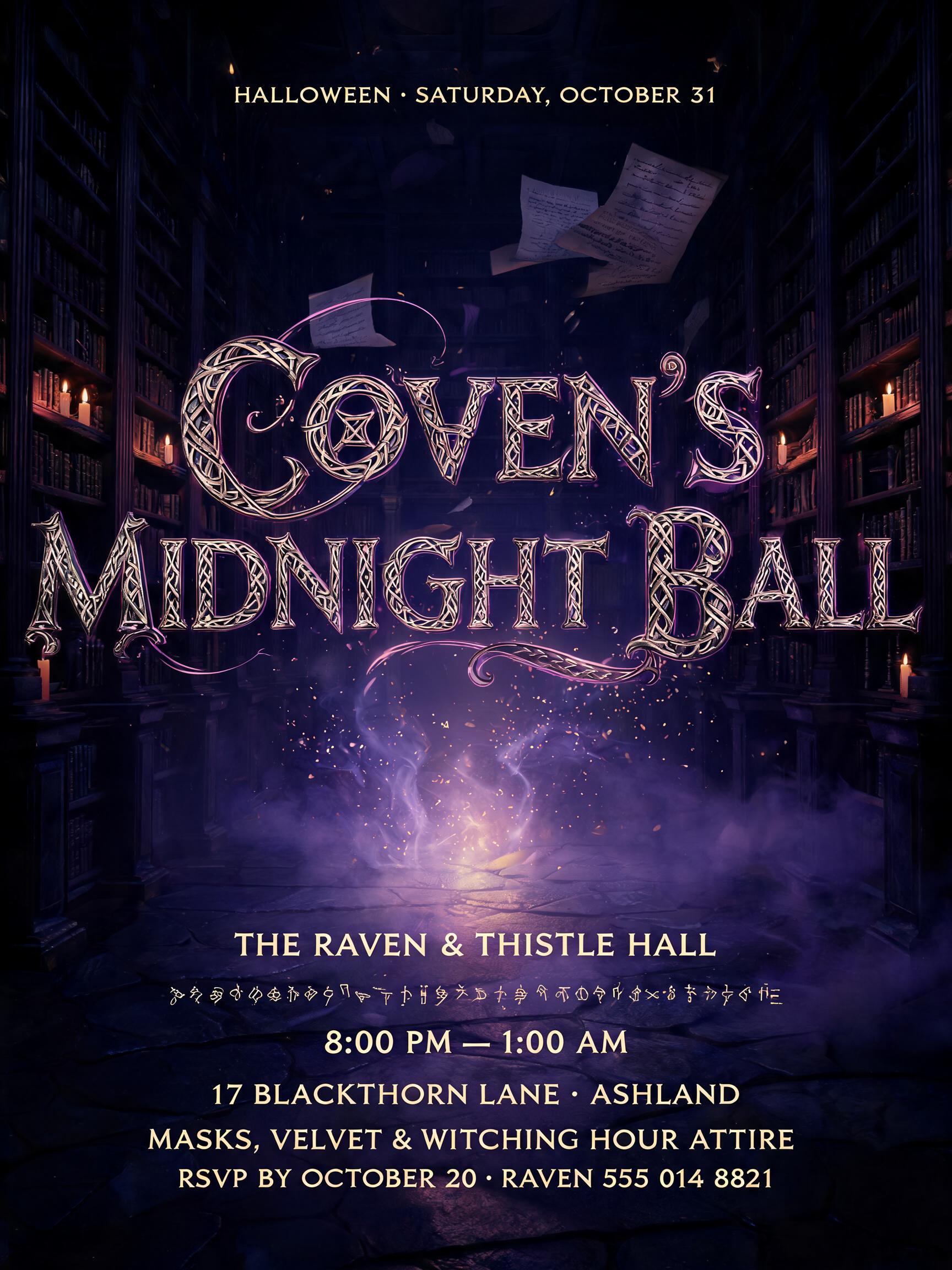 HALLOWEEN · SATURDAY, OCTOBER 31
COVEN'S
MIDNIGHT BALL
THE RAVEN & THISTLE HALL
8:00 PM — 1:00 AM
17 BLACKTHORN LANE · ASHLAND
MASKS, VELVET & WITCHING HOUR ATTIRE
RSVP BY OCTOBER 20 · RAVEN 555 014 8821