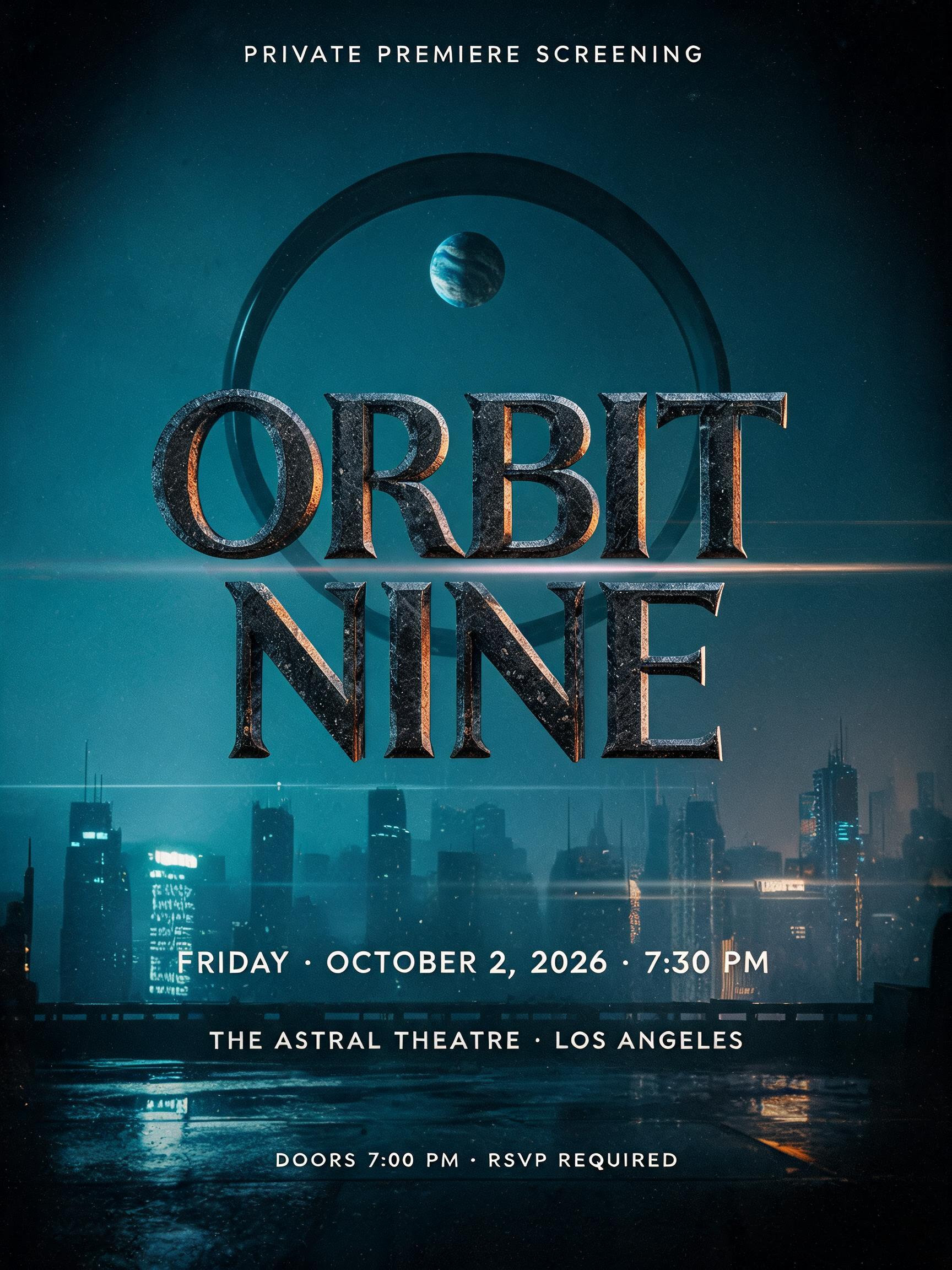 ORBIT
NINE
PRIVATE PREMIERE SCREENING
FRIDAY · OCTOBER 2, 2026 · 7:30 PM
THE ASTRAL THEATRE · LOS ANGELES
DOORS 7:00 PM · RSVP REQUIRED
