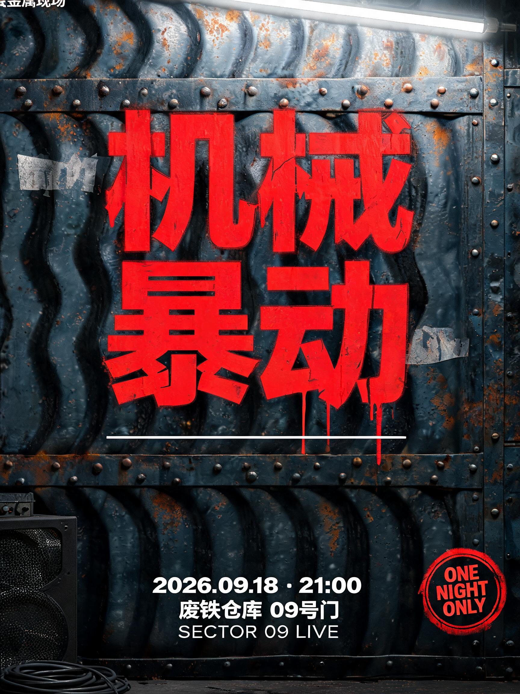 "机械
暴动
硬核工业金属现场
2026.09.18 · 21:00
废铁仓库 09号门
SECTOR 09 LIVE
ONE NIGHT ONLY" — Stencil text effect