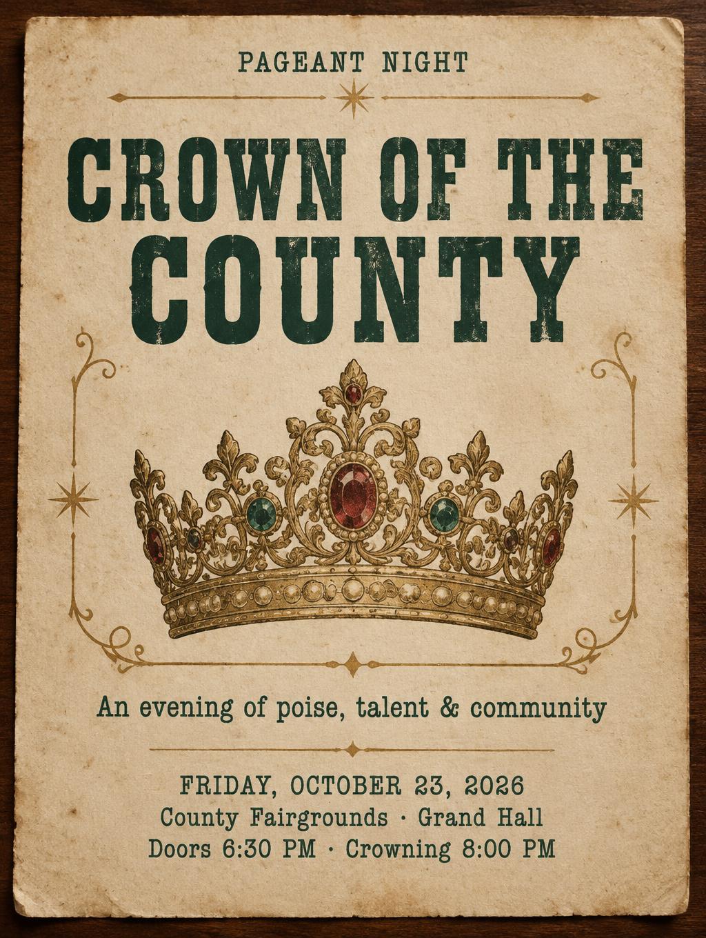 "CROWN OF THE COUNTY
PAGEANT NIGHT
An evening of poise, talent & community
FRIDAY, OCTOBER 23, 2026
County Fairgrounds · Grand Hall
Doors 6:30 PM · Crowning 8:00 PM" — Vintage | AI Text Effect Generator