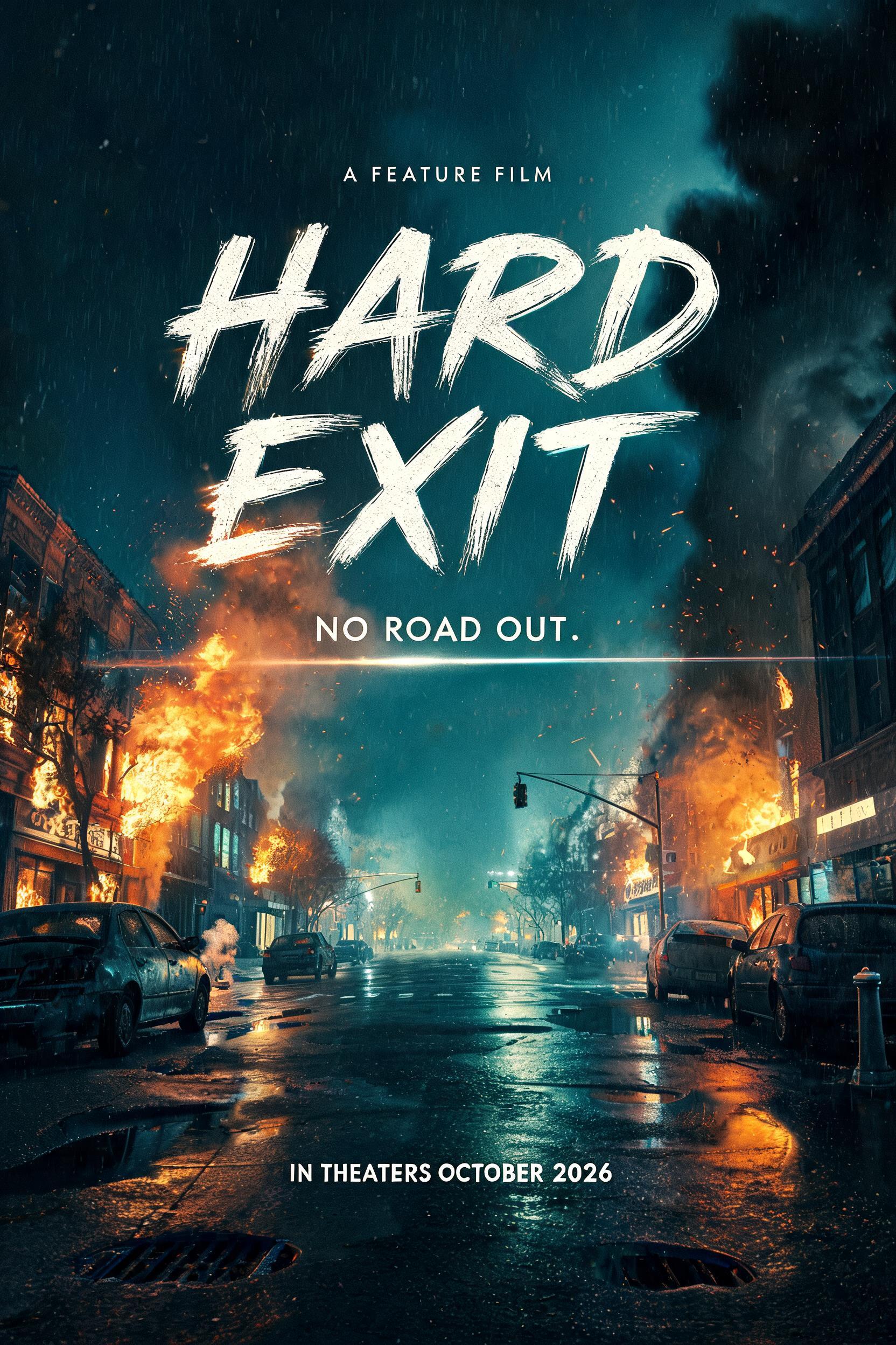 "HARD EXIT
A FEATURE FILM
NO ROAD OUT.
IN THEATERS OCTOBER 2026" — Cinematic Netflix | AI Text Effect Generator