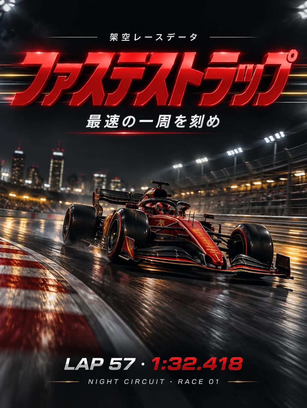 "ファステストラップ
最速の一周を刻め
LAP 57 · 1:32.418
NIGHT CIRCUIT · RACE 01
架空レースデータ" — Racing | AI Text Effect Generator