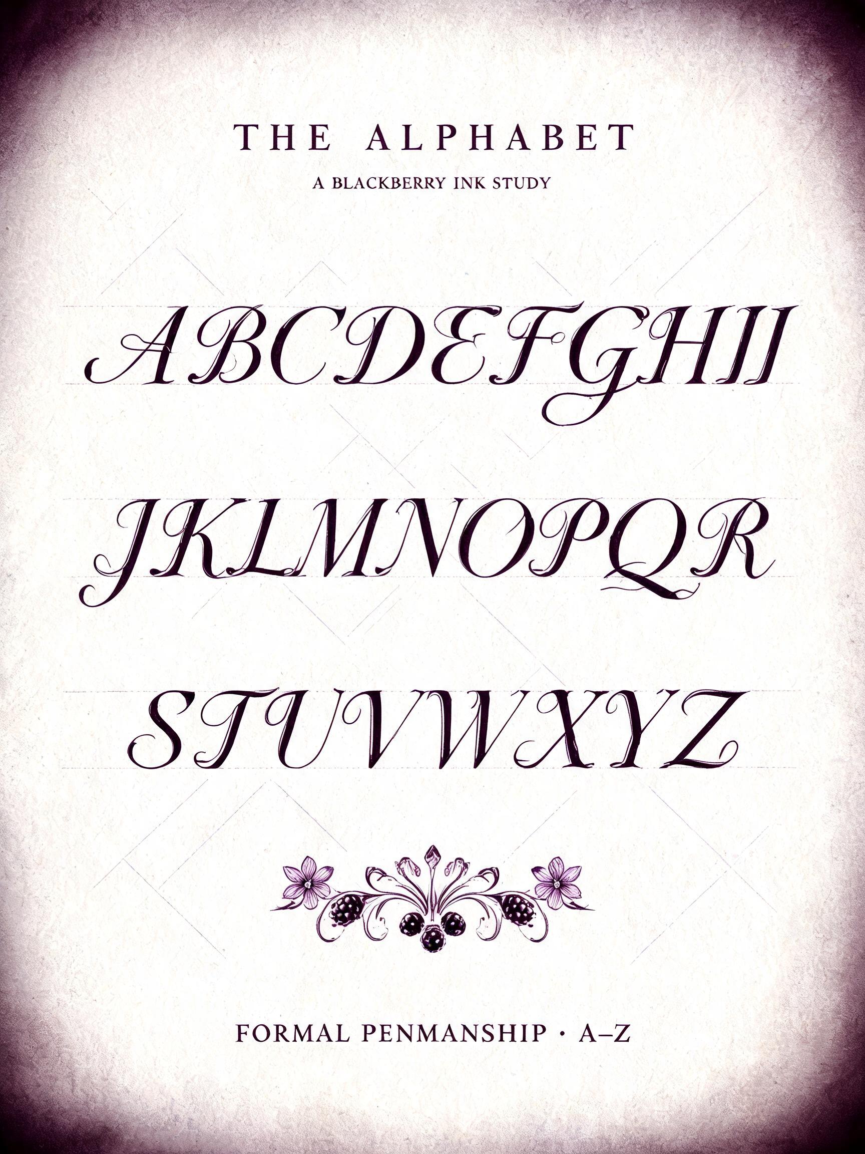 "THE ALPHABET
A BLACKBERRY INK STUDY
A B C D E F G H I
J K L M N O P Q R
S T U V W X Y Z
FORMAL PENMANSHIP · A–Z" — Cursive Calligraphy | AI Text Effect Generator