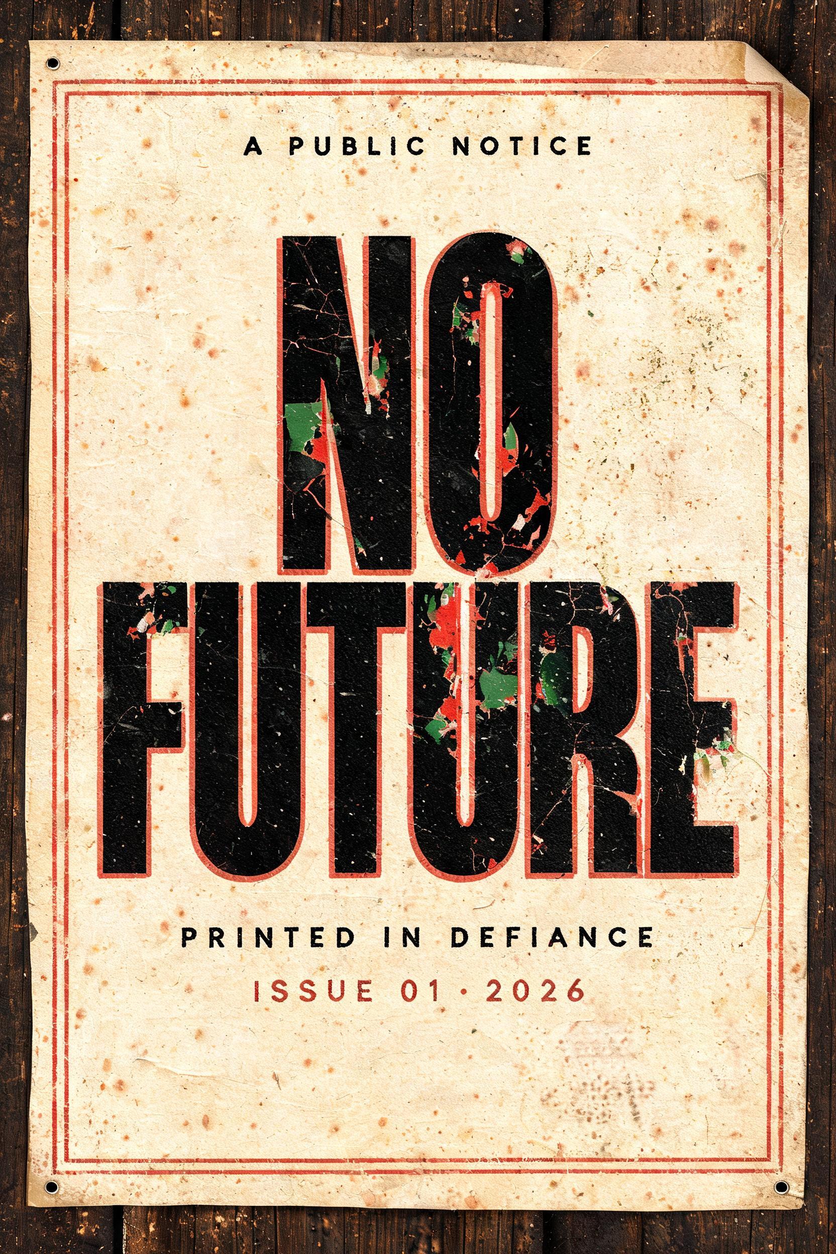 "NO
FUTURE
A PUBLIC NOTICE
PRINTED IN DEFIANCE
ISSUE 01 · 2026" — Vintage | AI Text Effect Generator