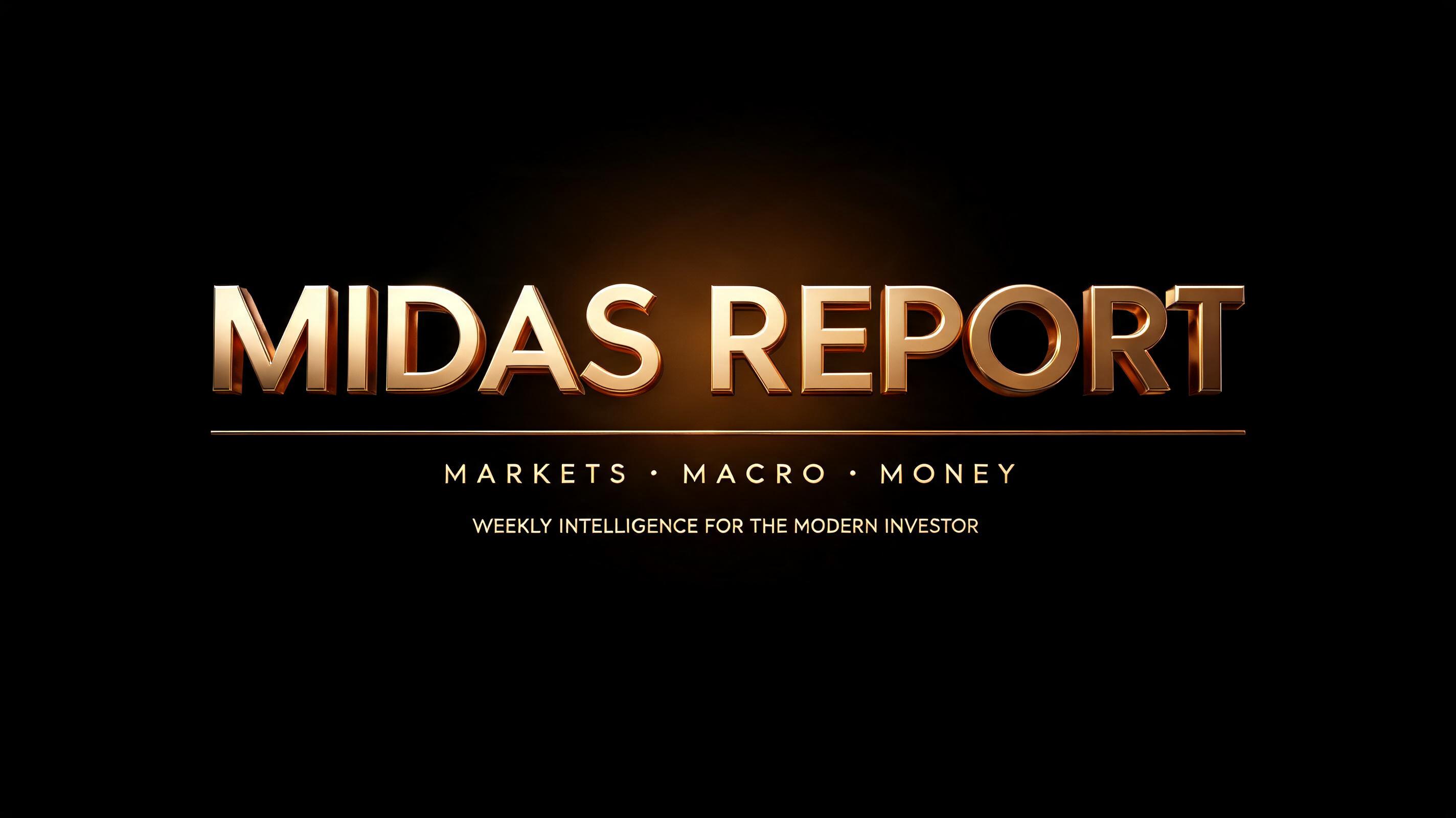 "MIDAS REPORT
MARKETS · MACRO · MONEY
WEEKLY INTELLIGENCE FOR THE MODERN INVESTOR" — 3d Bold Gold | AI Text Effect Generator