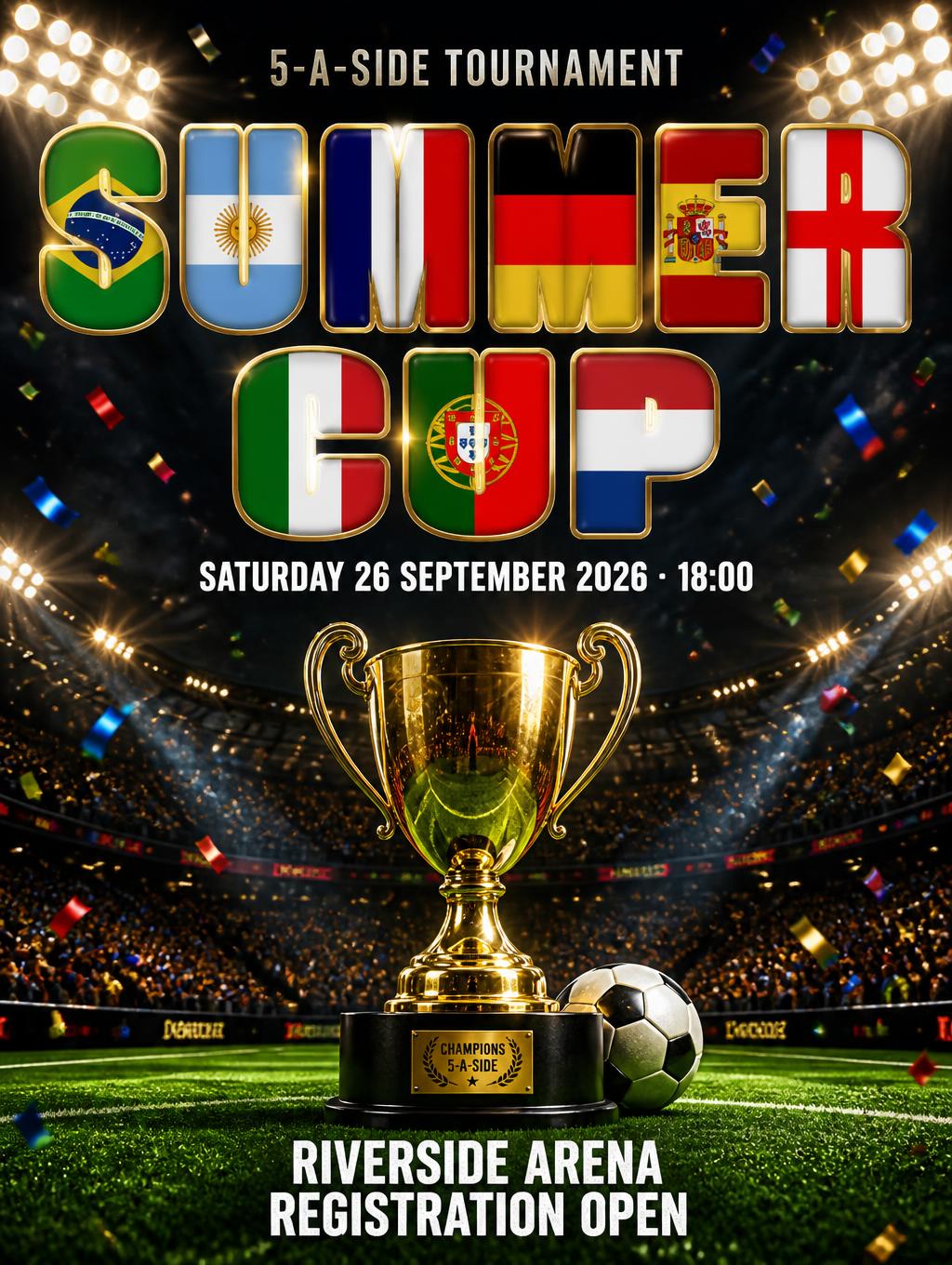 SUMMER CUP
5-A-SIDE TOURNAMENT
SATURDAY 26 SEPTEMBER 2026 · 18:00
RIVERSIDE ARENA
REGISTRATION OPEN