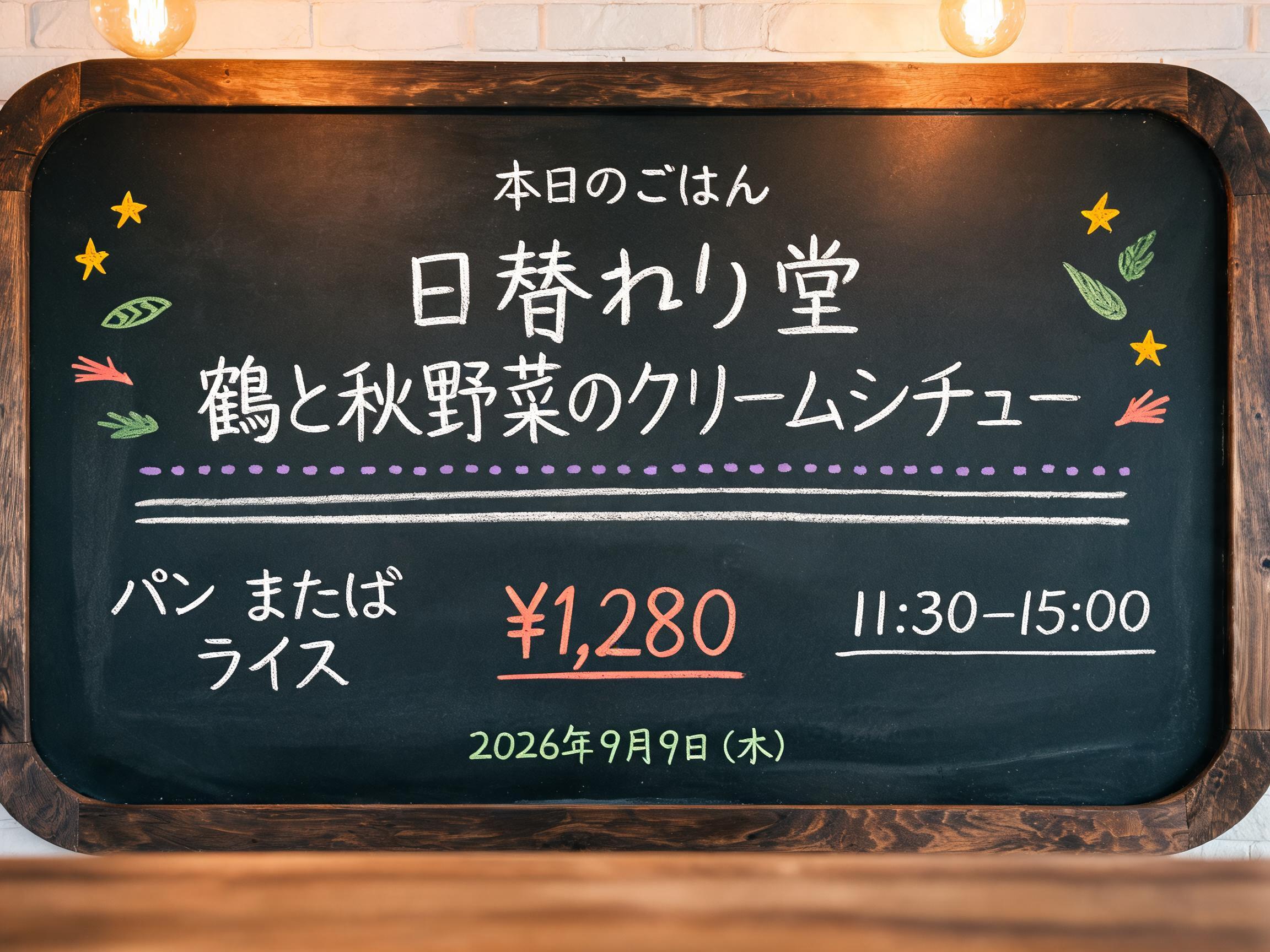 "日替わり堂
鶏と秋野菜の
クリームシチュー
本日のごはん
パン または ライス
¥1,280
11:30–15:00
2026年9月9日（水）" — Chalk | AI Text Effect Generator