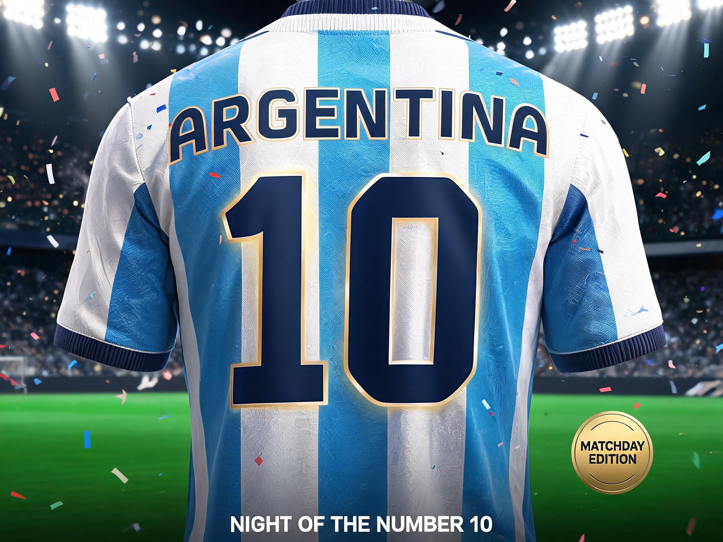 "ARGENTINA
10
THE BEAUTIFUL GAME
NIGHT OF THE NUMBER 10
BUENOS AIRES · 2026
MATCHDAY EDITION" — Sports Football | AI Text Effect Generator