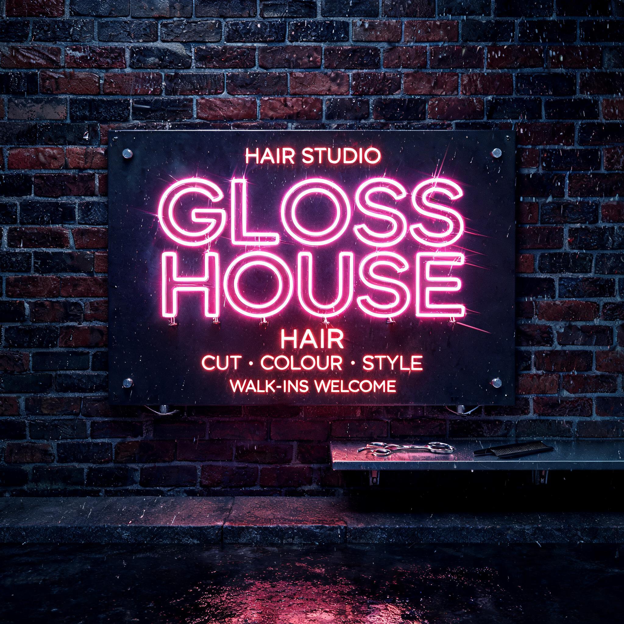 "GLOSS
HOUSE
HAIR
HAIR STUDIO
CUT · COLOUR · STYLE
WALK-INS WELCOME" — Neon Sign | AI Text Effect Generator