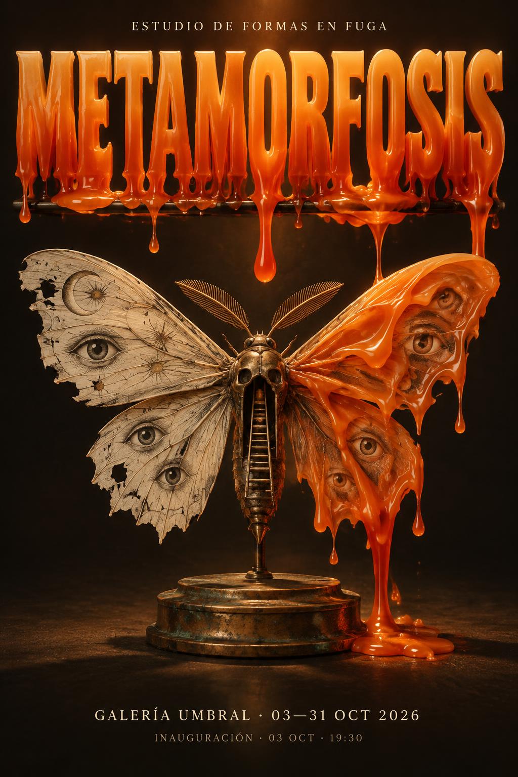 "METAMORFOSIS
ESTUDIO DE FORMAS EN FUGA
GALERÍA UMBRAL · 03—31 OCT 2026
INAUGURACIÓN · 03 OCT · 19:30" — Drip Font Melting | AI Text Effect Generator