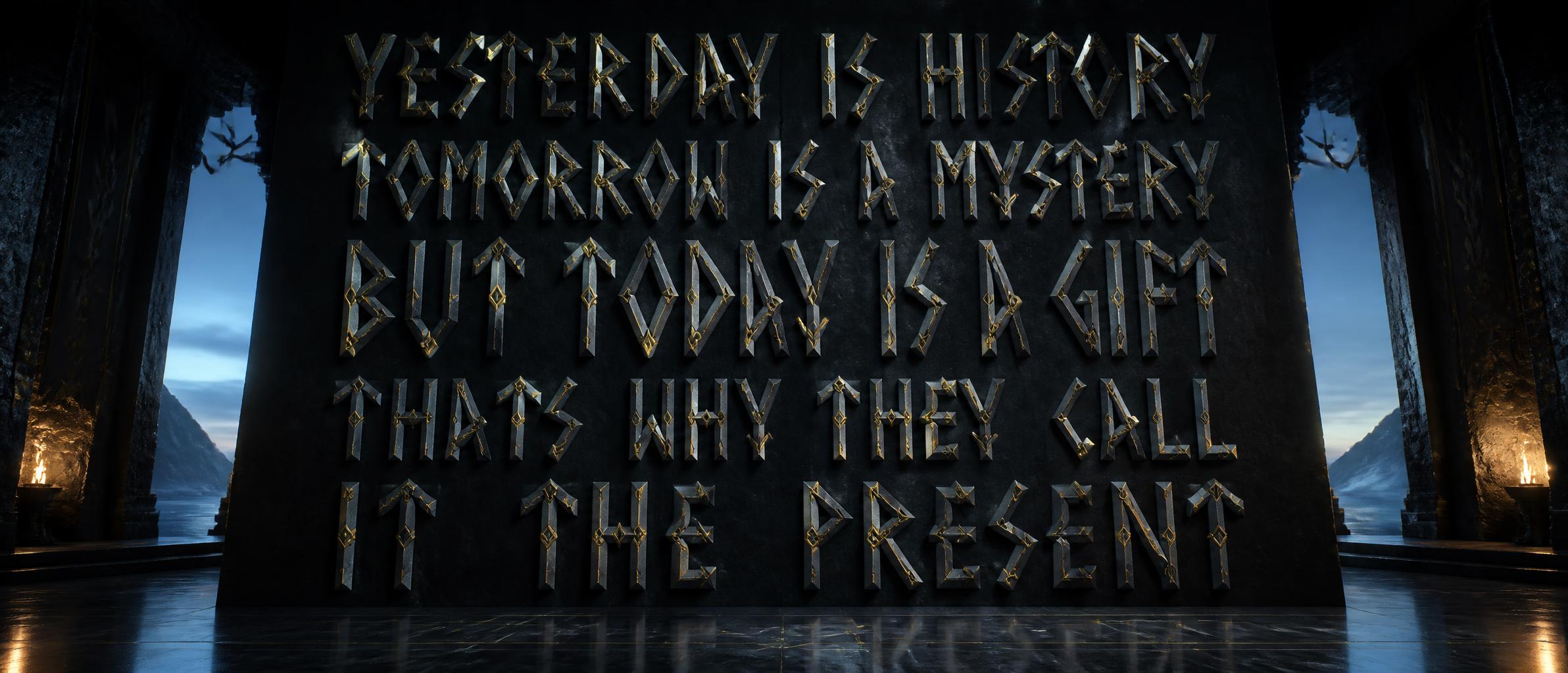 "yesterday is history tomorrow is a mystery but today is a gift thats why they call it the present" — Viking Runic text effect