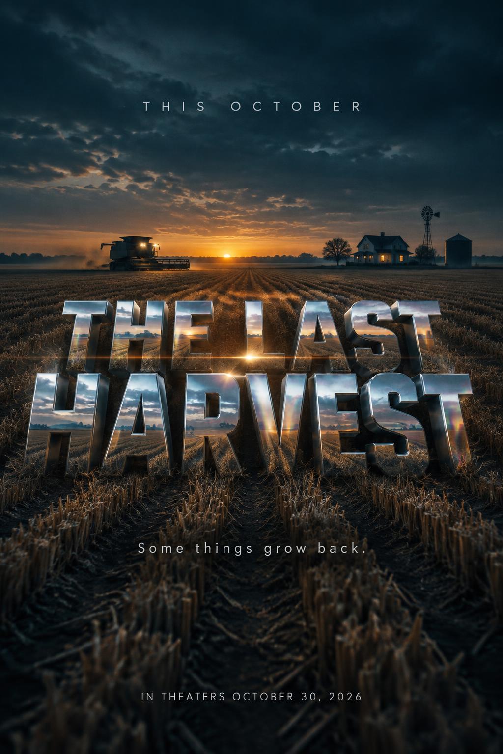 "THE LAST HARVEST
THIS OCTOBER
Some things grow back.
IN THEATERS OCTOBER 30, 2026" — Cinematic Netflix | AI Text Effect Generator