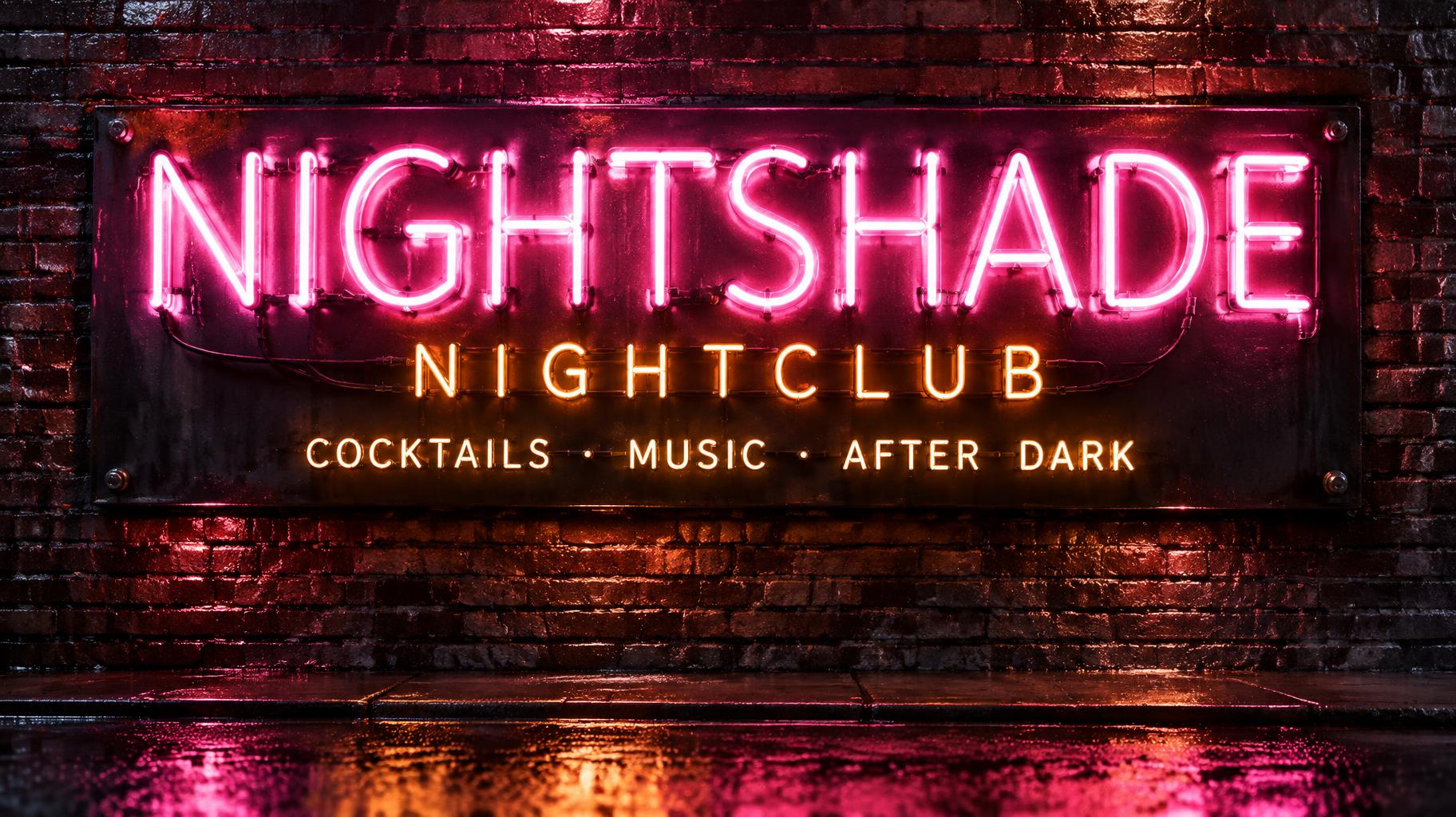 "NIGHTSHADE
NIGHTCLUB
COCKTAILS · MUSIC · AFTER DARK" — Neon Sign | AI Text Effect Generator