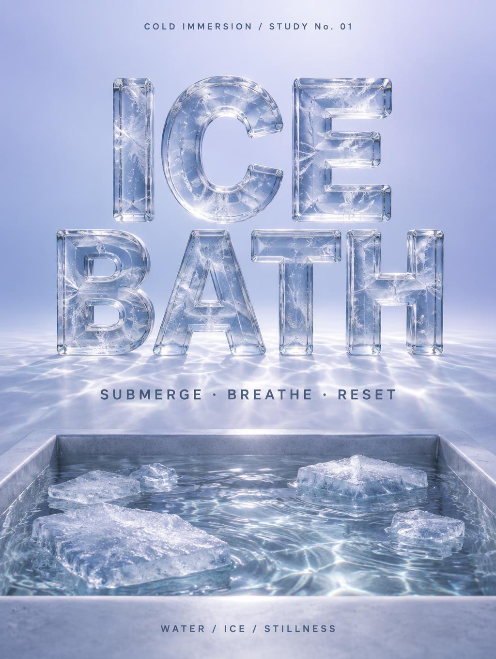 "ICE BATH
COLD IMMERSION / STUDY No. 01
SUBMERGE · BREATHE · RESET
WATER / ICE / STILLNESS" — Glass | AI Text Effect Generator