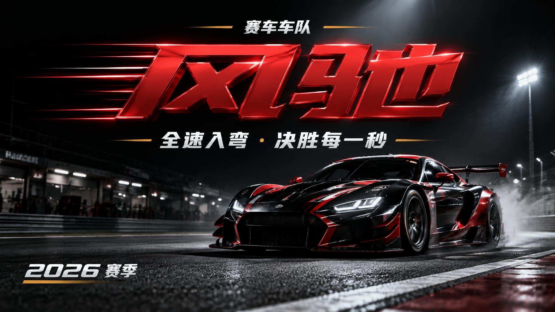 "风驰
赛车车队
全速入弯 · 决胜每一秒
2026 赛季" — Racing | AI Text Effect Generator
