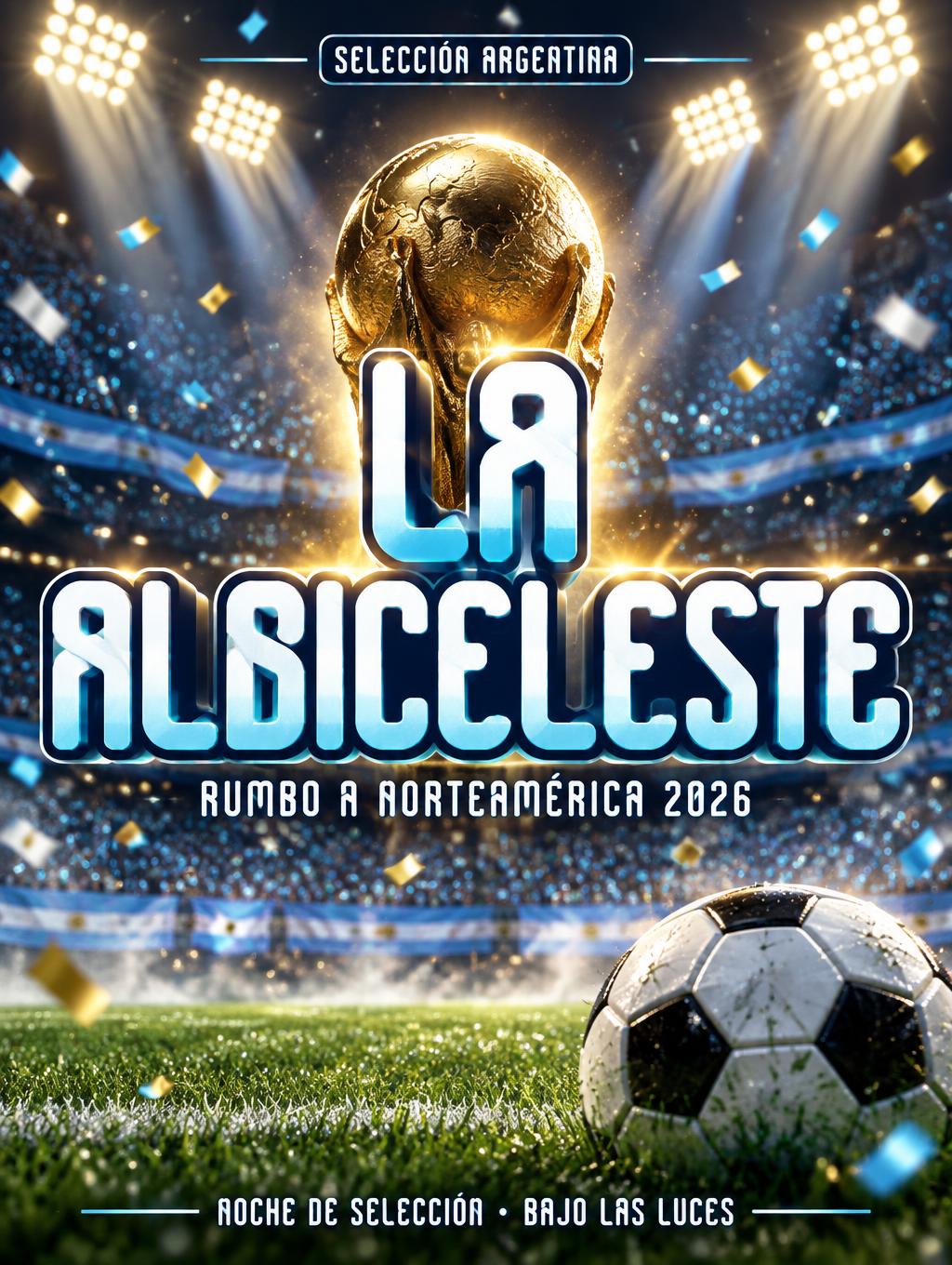 "LA ALBICELESTE
SELECCIÓN ARGENTINA
RUMBO A NORTEAMÉRICA 2026
NOCHE DE SELECCIÓN · BAJO LAS LUCES" — Sports Football | AI Text Effect Generator