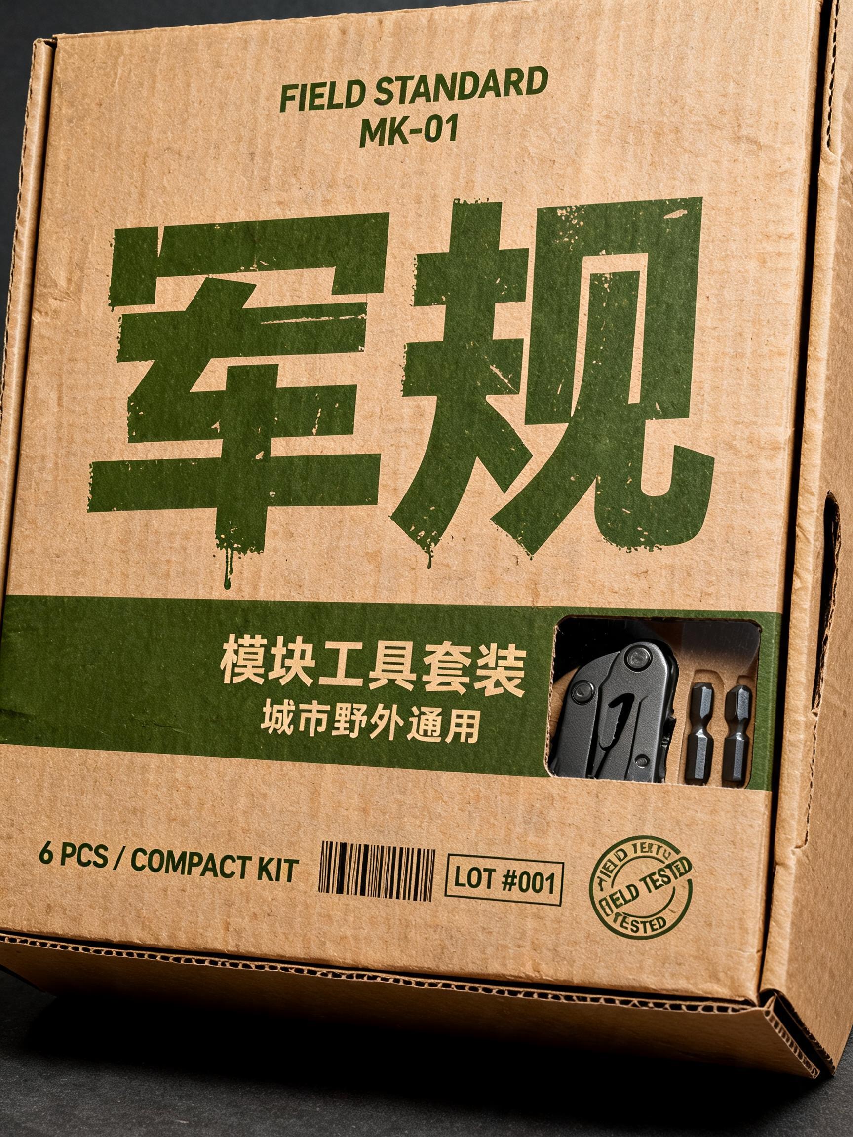 "军规
FIELD STANDARD
MK-01
模块工具套装
城市野外通用
6 PCS / COMPACT KIT
FIELD TESTED" — Stencil | AI Text Effect Generator