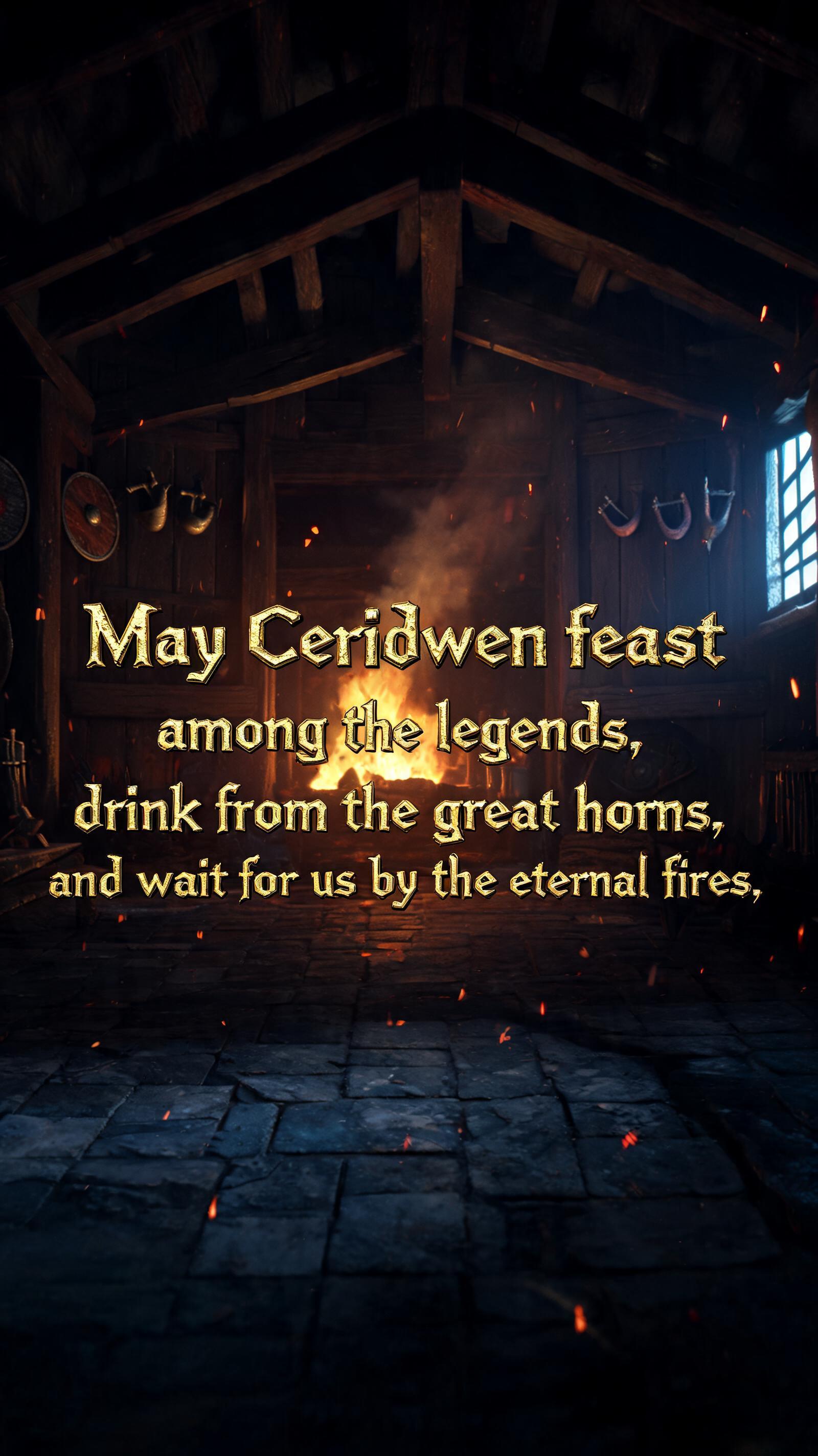 "May Ceridwen feast among the legends, drink from the great horns, and wait for us by the eternal fires." — Viking | AI Text Effect Generator
