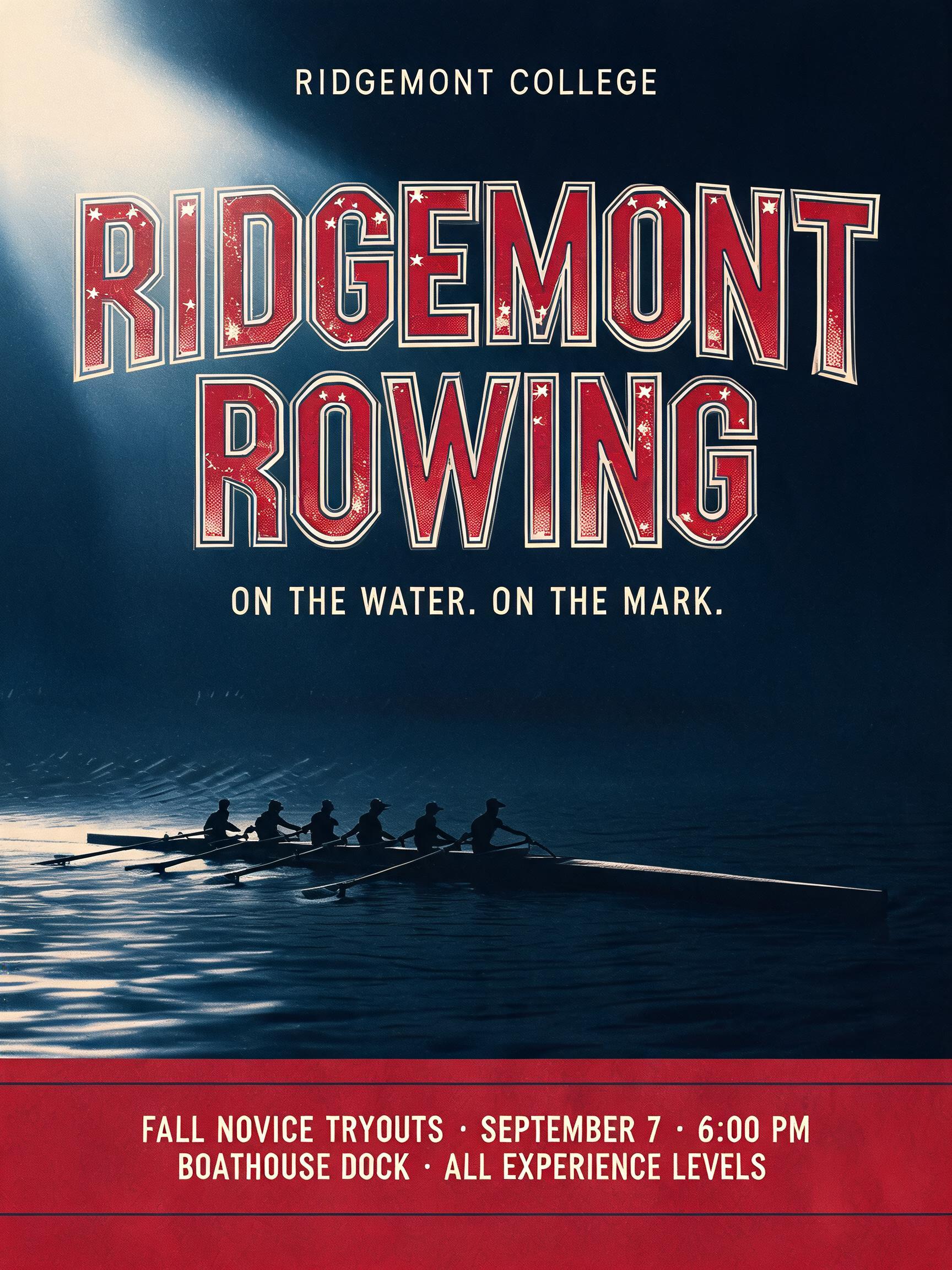 "RIDGEMONT COLLEGE
RIDGEMONT
ROWING
ON THE WATER. ON THE MARK.
FALL NOVICE TRYOUTS · SEPTEMBER 7 · 6:00 PM
BOATHOUSE DOCK · ALL EXPERIENCE LEVELS" — Sports | AI Text Effect Generator