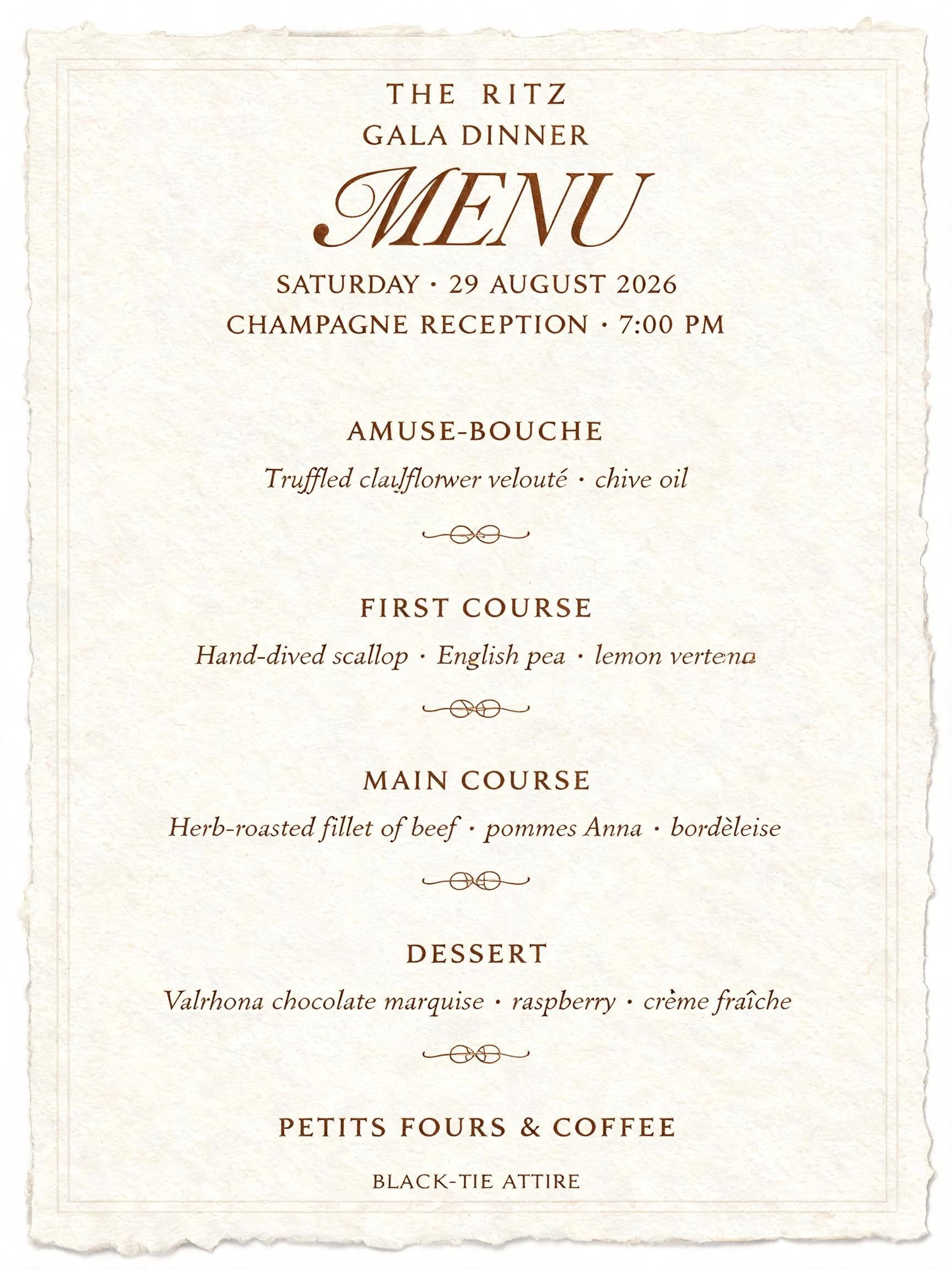 "THE RITZ
GALA DINNER
MENU
SATURDAY · 29 AUGUST 2026
CHAMPAGNE RECEPTION · 7:00 PM
AMUSE-BOUCHE
Truffled cauliflower velouté · chive oil
FIRST COURSE
Hand-dived scallop · English pea · lemon verbena
MAIN COURSE
Herb-roasted fillet of beef · pommes Anna · bordelaise
DESSERT
Valrhona chocolate marquise · raspberry · crème fraîche
PETITS FOURS & COFFEE
BLACK-TIE ATTIRE" — Cursive Calligraphy text effect