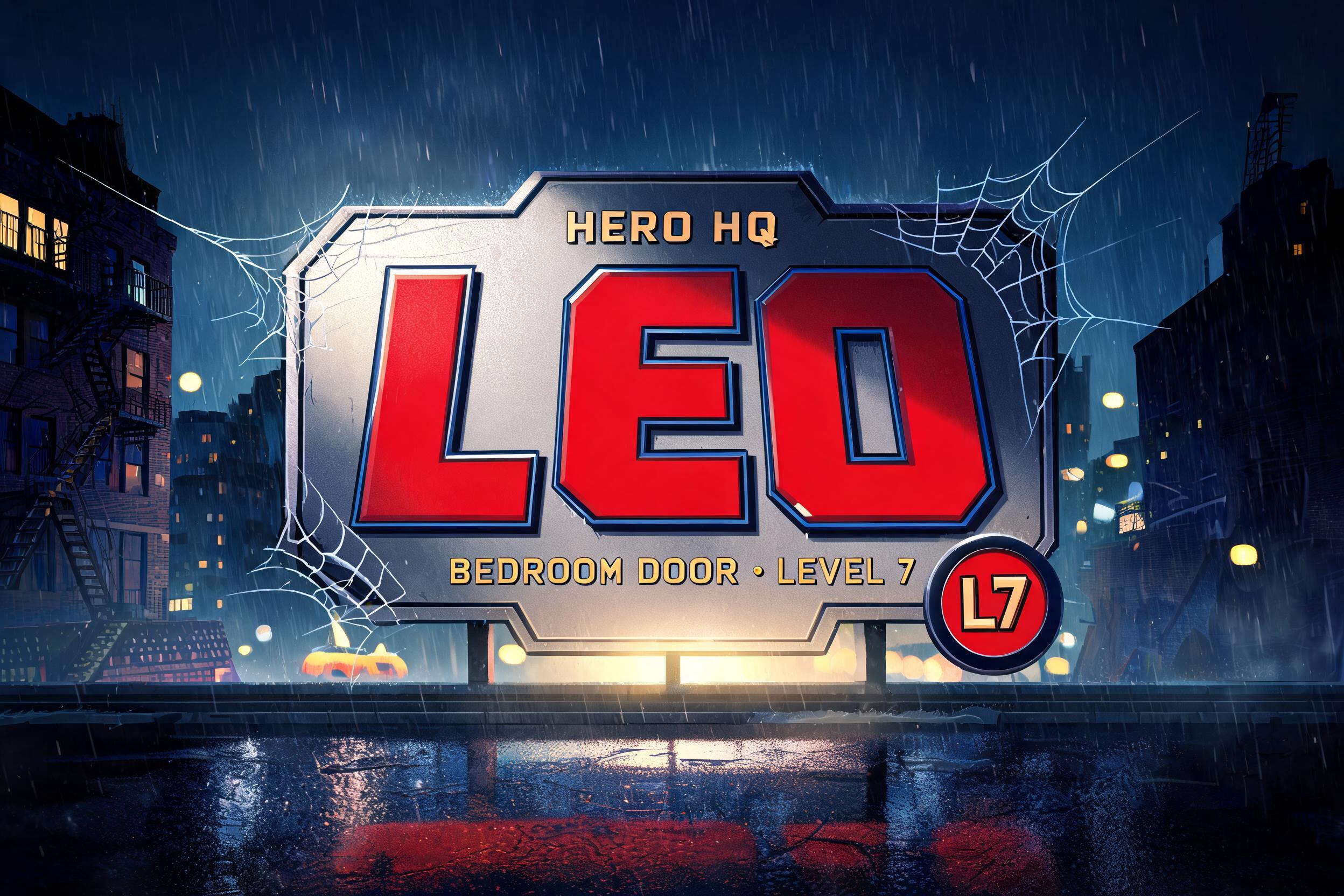 "LEO
HERO HQ
BEDROOM DOOR • LEVEL 7
L7" — Spider Hero text effect