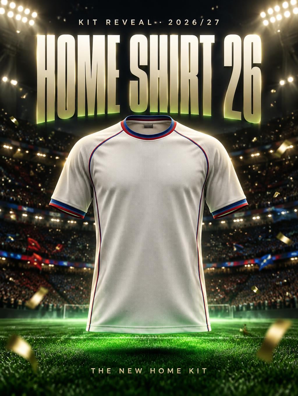 "KIT REVEAL · 2026/27
HOME SHIRT 26
THE NEW HOME KIT" — Sports Football | AI Text Effect Generator