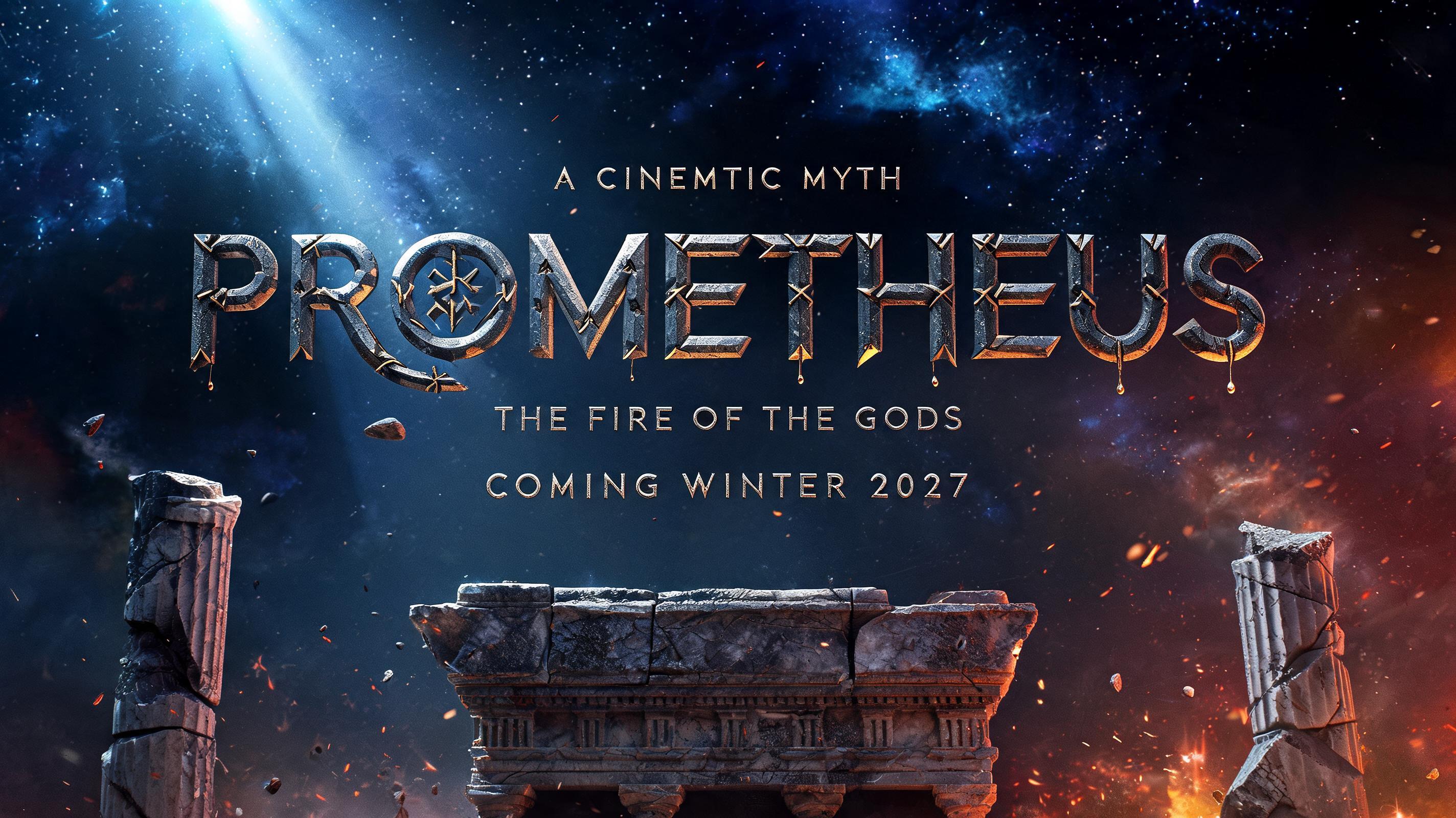 "PROMETHEUS
A CINEMATIC MYTH
THE FIRE OF THE GODS
COMING WINTER 2027" — Viking text effect