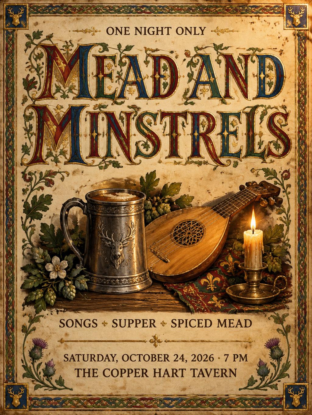"MEAD AND MINSTRELS
ONE NIGHT ONLY
SONGS • SUPPER • SPICED MEAD
SATURDAY, OCTOBER 24, 2026 · 7 PM
THE COPPER HART TAVERN" — Medieval | AI Text Effect Generator