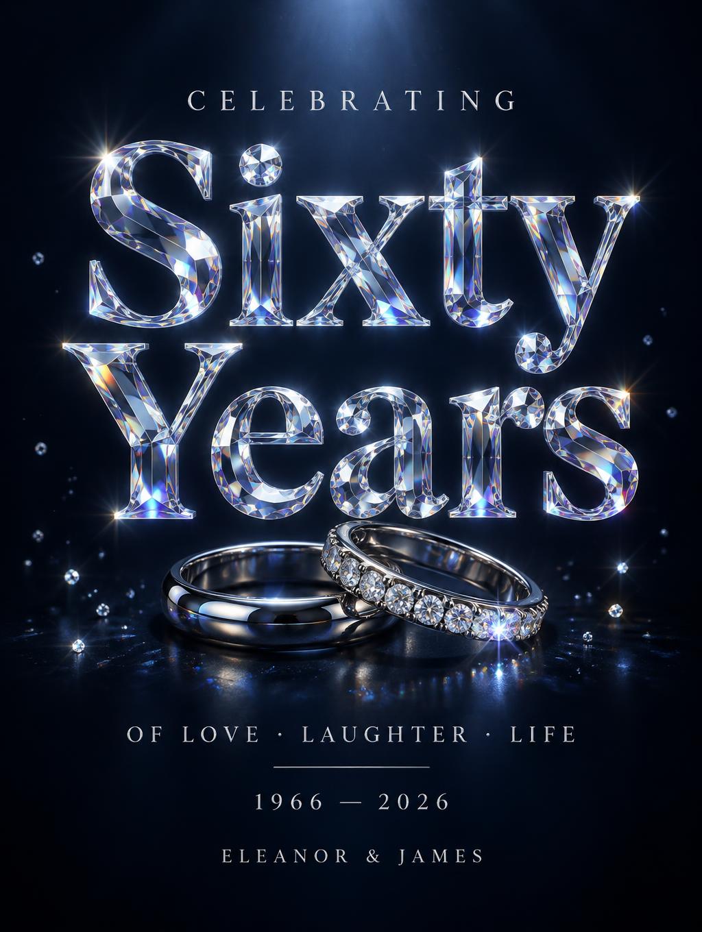 "Sixty Years
CELEBRATING
OF LOVE · LAUGHTER · LIFE
1966 — 2026
ELEANOR & JAMES" — Glass Crystal | AI Text Effect Generator