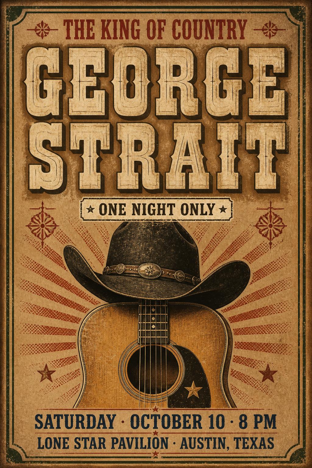 "GEORGE
STRAIT
THE KING OF COUNTRY
ONE NIGHT ONLY
SATURDAY · OCTOBER 10 · 8 PM
LONE STAR PAVILION · AUSTIN, TEXAS" — Vintage | AI Text Effect Generator