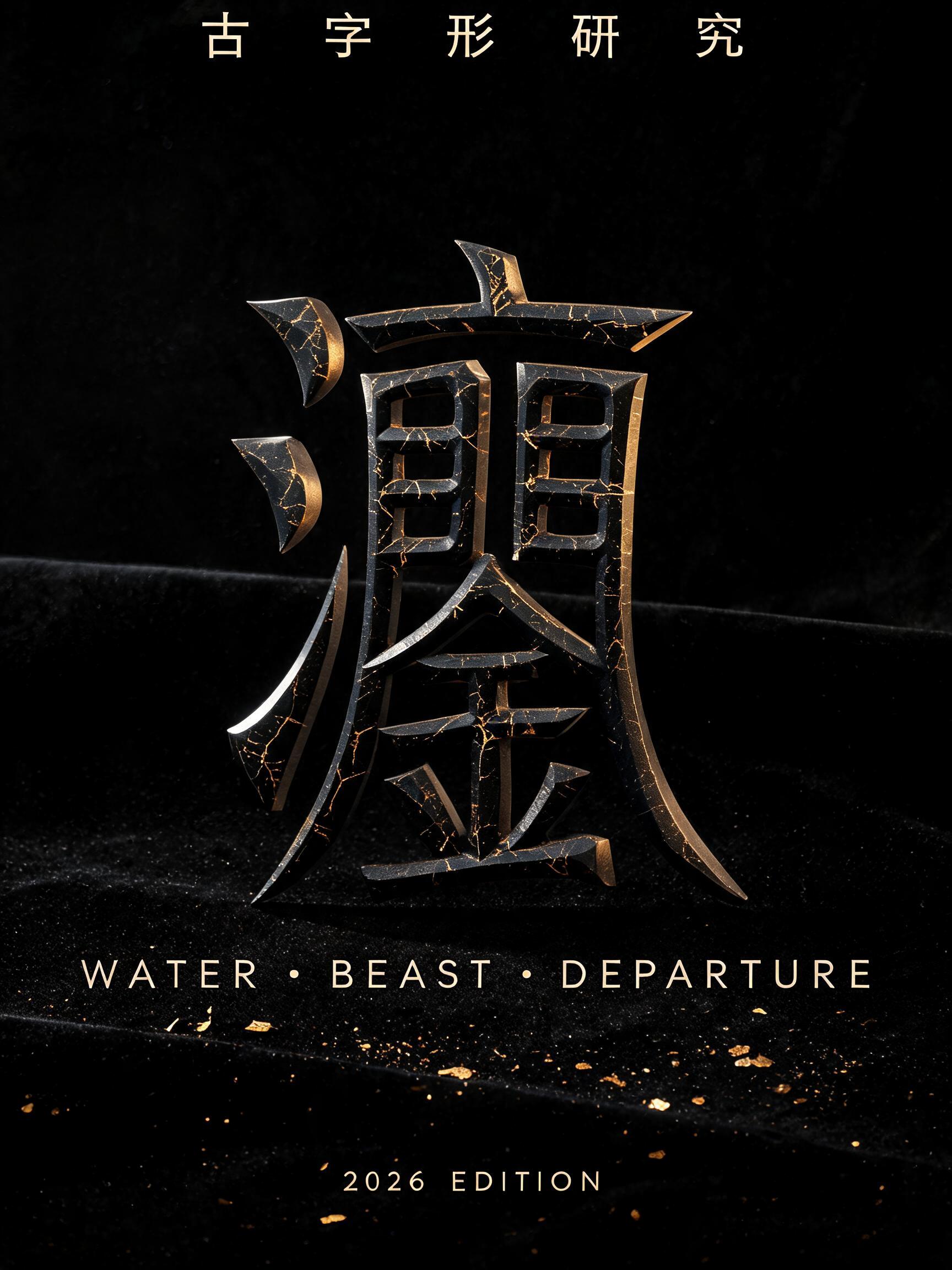 "灋
古字形研究
WATER · BEAST · DEPARTURE
2026 EDITION" — luxury gold text effect