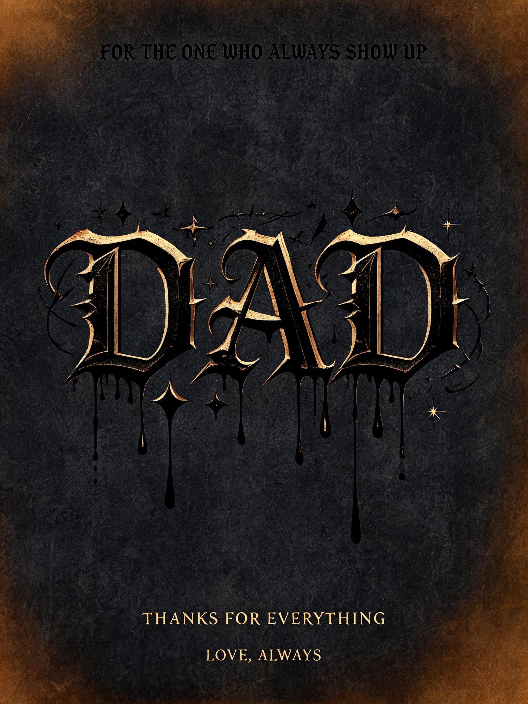 "DAD
FOR THE ONE WHO ALWAYS SHOWS UP
THANKS FOR EVERYTHING
LOVE, ALWAYS" — Gothic Font | AI Text Effect Generator