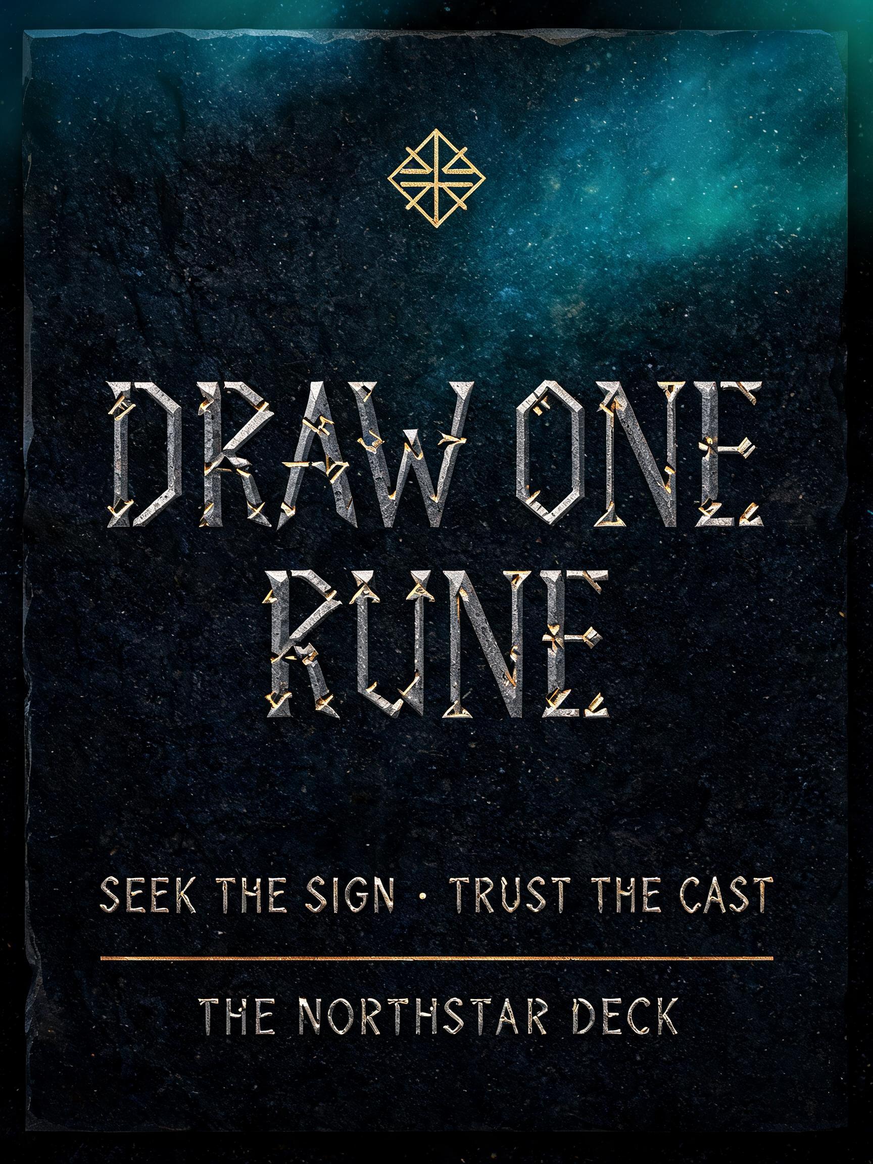 "DRAW ONE RUNE
SEEK THE SIGN · TRUST THE CAST
THE NORTHSTAR DECK" — Viking Runic | AI Text Effect Generator