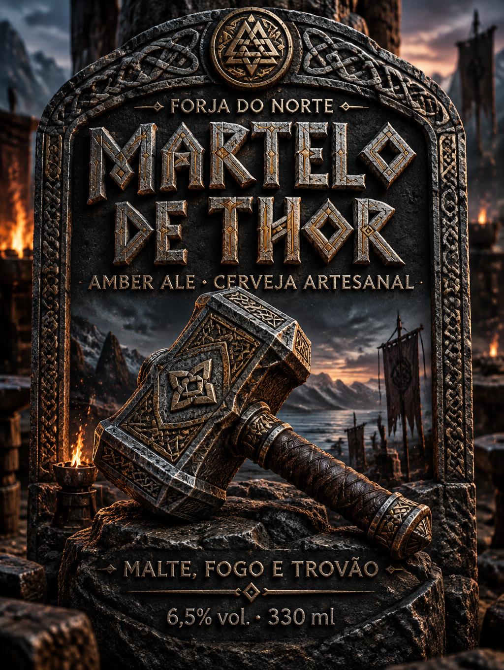 "MARTELO DE THOR
FORJA DO NORTE
AMBER ALE · CERVEJA ARTESANAL
MALTE, FOGO E TROVÃO
6,5% vol. · 330 ml" — Viking | AI Text Effect Generator
