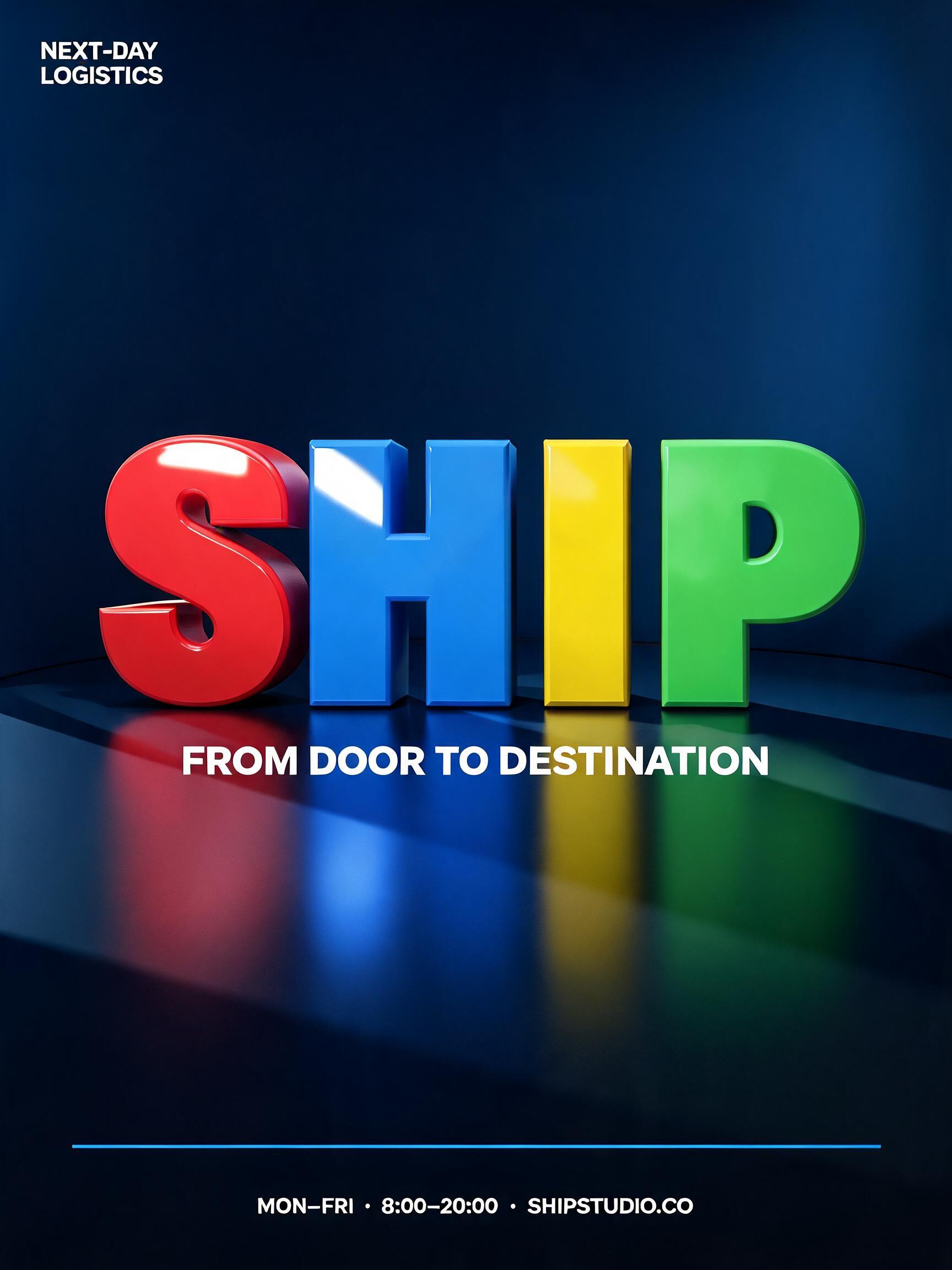 "SHIP
NEXT-DAY LOGISTICS
FROM DOOR TO DESTINATION
MON–FRI · 8:00–20:00 · SHIPSTUDIO.CO" — 3d Bold | AI Text Effect Generator