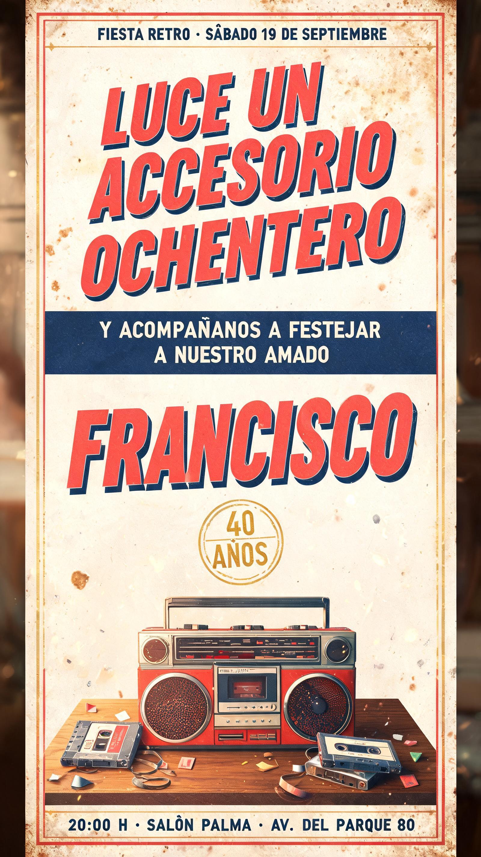 "LUCE UN ACCESORIO
OCHENTERO
FIESTA RETRO · SÁBADO 19 DE SEPTIEMBRE
Y ACOMPAÑANOS A FESTEJAR A NUESTRO AMADO
FRANCISCO
40 AÑOS
20:00 H · SALÓN PALMA · AV. DEL PARQUE 80" — Vintage text effect