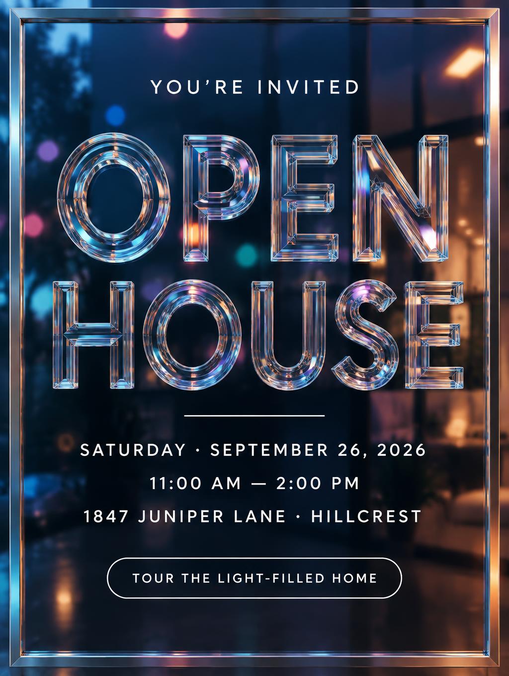 "OPEN
HOUSE
YOU’RE INVITED
SATURDAY · SEPTEMBER 26, 2026
11:00 AM — 2:00 PM
1847 JUNIPER LANE · HILLCREST
TOUR THE LIGHT-FILLED HOME" — Glass Morphism | AI Text Effect Generator