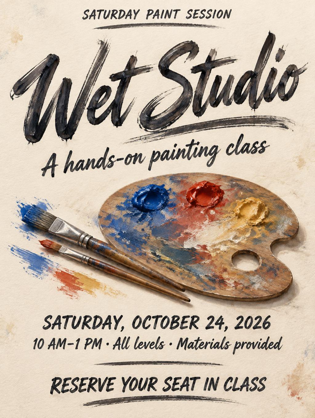 "SATURDAY PAINT SESSION
Wet Studio
A hands-on painting class
SATURDAY, OCTOBER 24, 2026
10 AM–1 PM · All levels · Materials provided
RESERVE YOUR SEAT IN CLASS" — Brush Stroke | AI Text Effect Generator