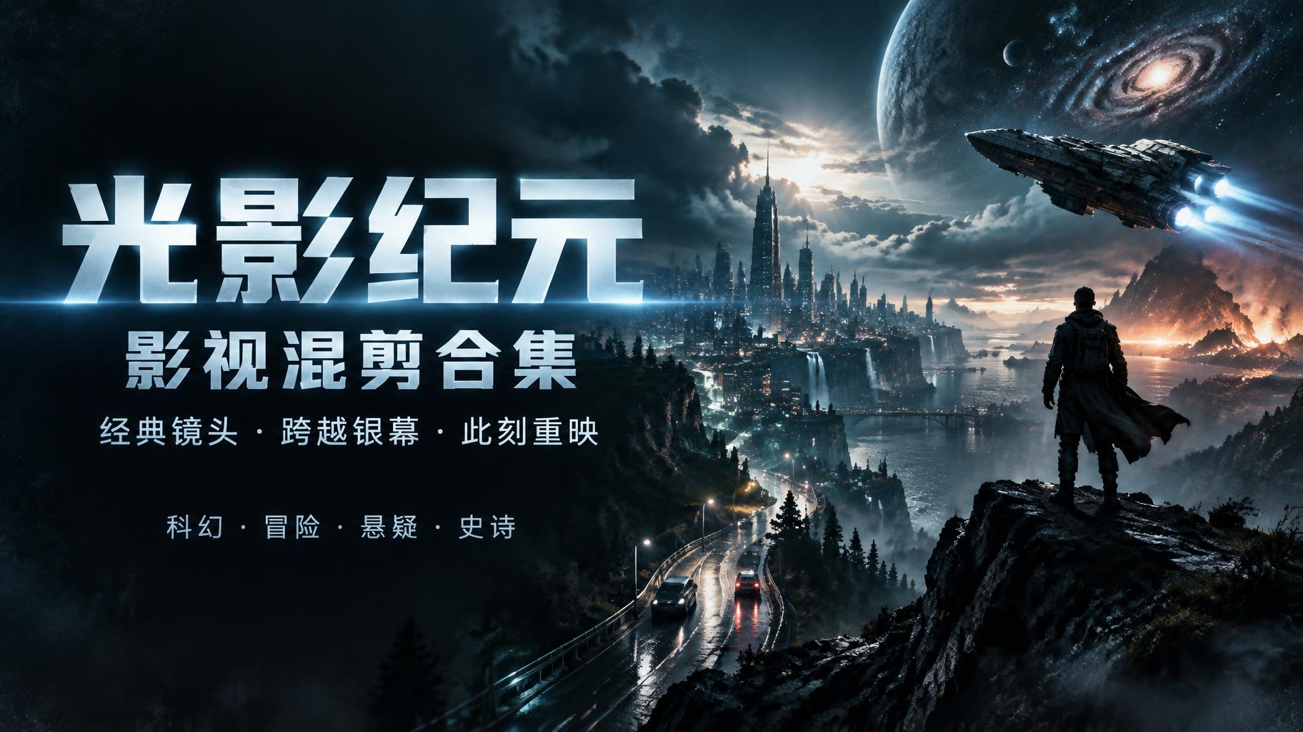 "光影纪元
影视混剪合集
经典镜头 · 跨越银幕 · 此刻重映
科幻 · 冒险 · 悬疑 · 史诗" — Cinematic | AI Text Effect Generator