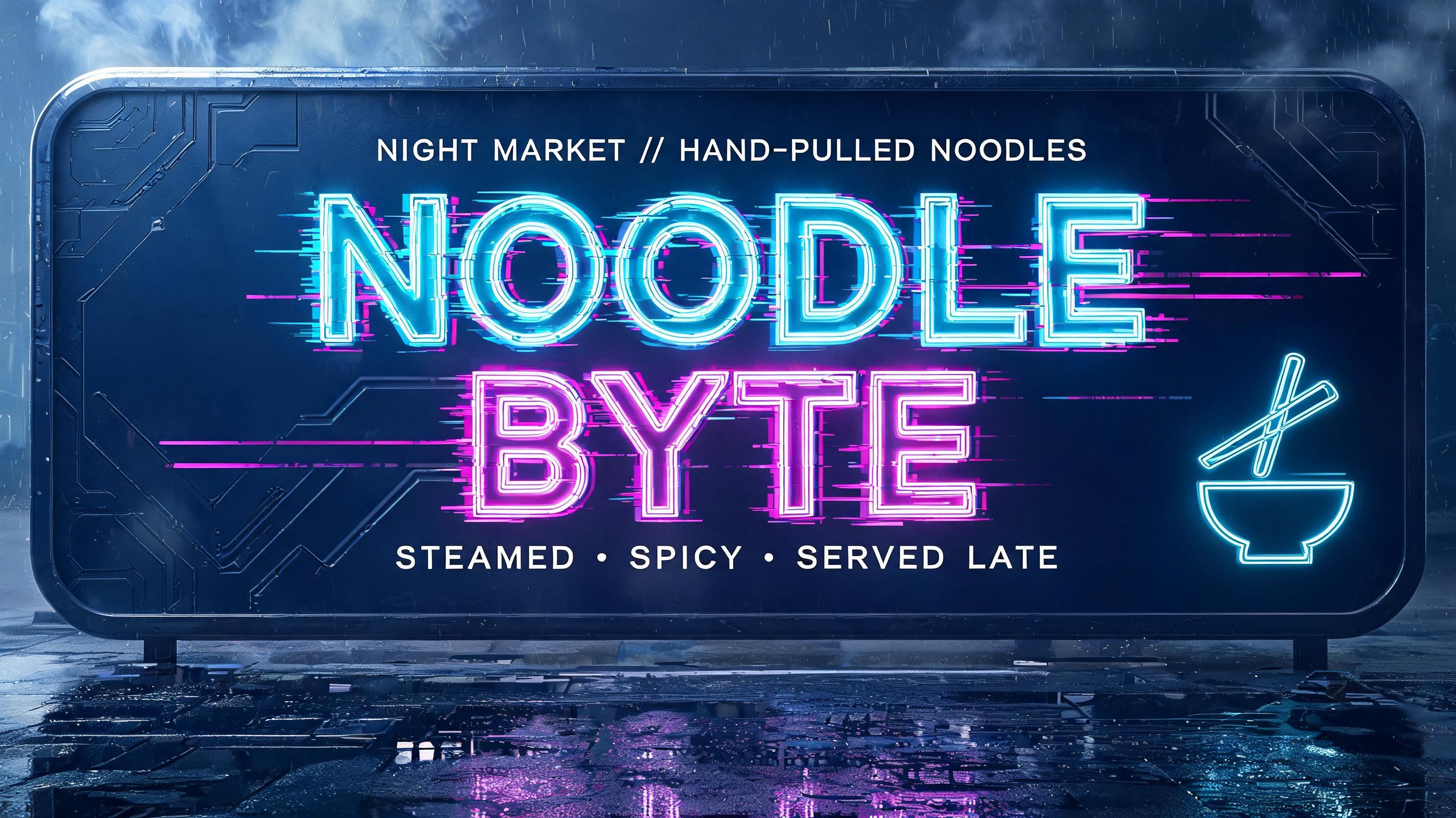 I need a neon shop sign for the night-market stall Noodle Byte
