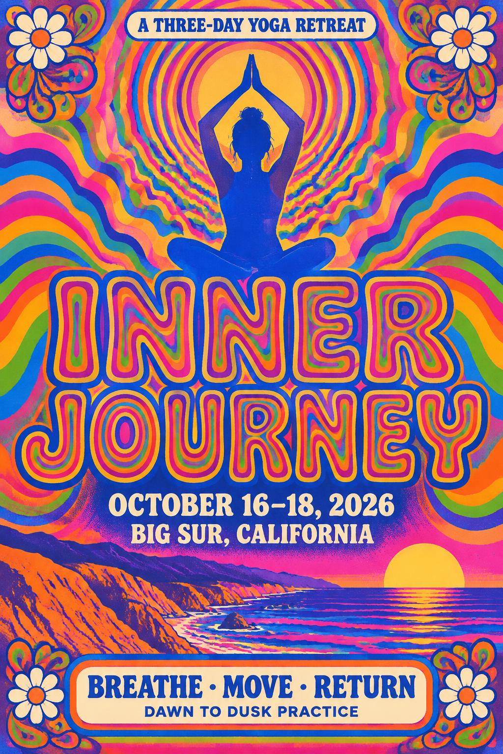 INNER
JOURNEY
A THREE-DAY YOGA RETREAT
OCTOBER 16–18, 2026
BIG SUR, CALIFORNIA
BREATHE · MOVE · RETURN
DAWN TO DUSK PRACTICE