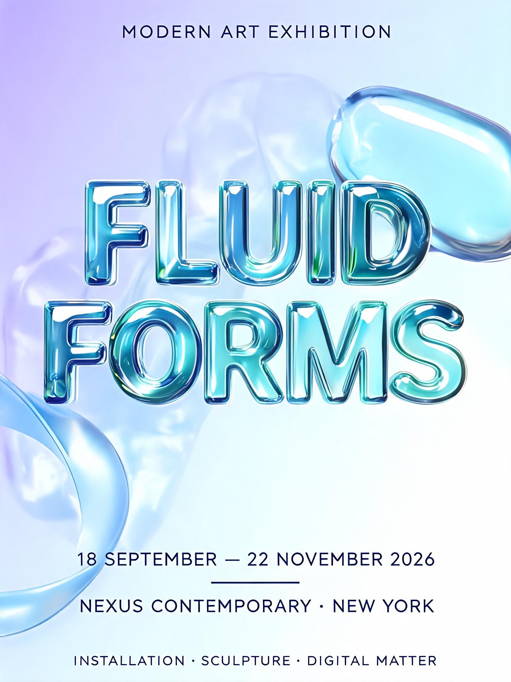 "FLUID
FORMS
MODERN ART EXHIBITION
18 SEPTEMBER — 22 NOVEMBER 2026
NEXUS CONTEMPORARY · NEW YORK
INSTALLATION · SCULPTURE · DIGITAL MATTER" — Glass Liquid text effect