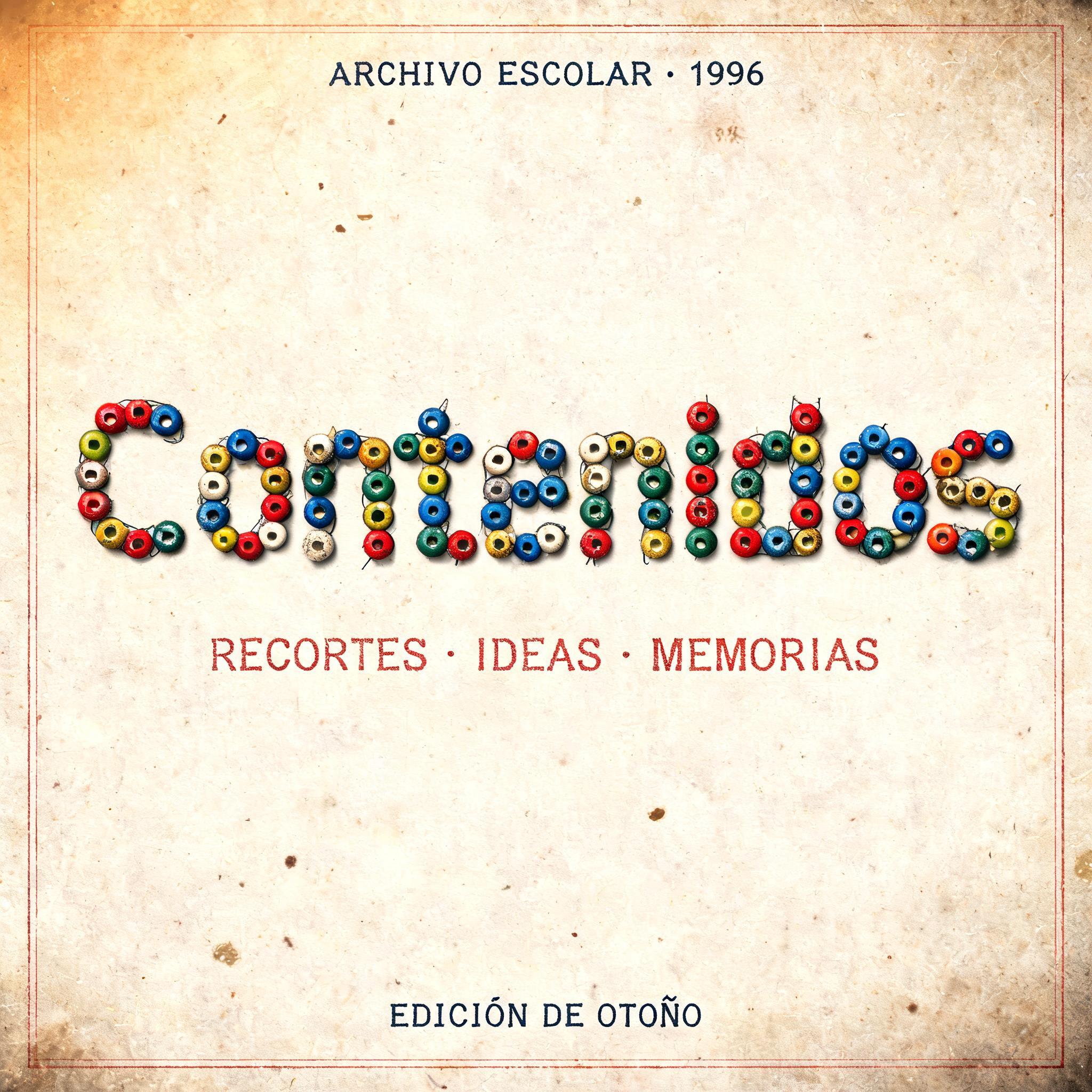 "Contenidos
ARCHIVO ESCOLAR · 1996
RECORTES · IDEAS · MEMORIAS
EDICIÓN DE OTOÑO" — Vintage | AI Text Effect Generator