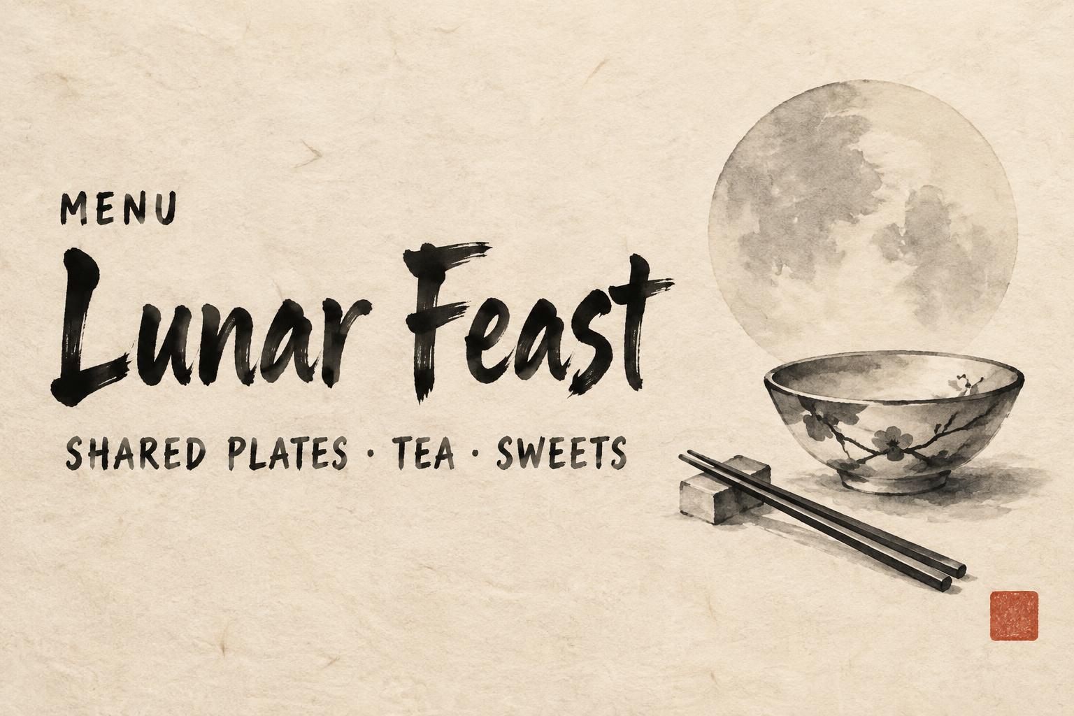 "Lunar Feast
SHARED PLATES · TEA · SWEETS
MENU" — Brush Chinese Ink | AI Text Effect Generator