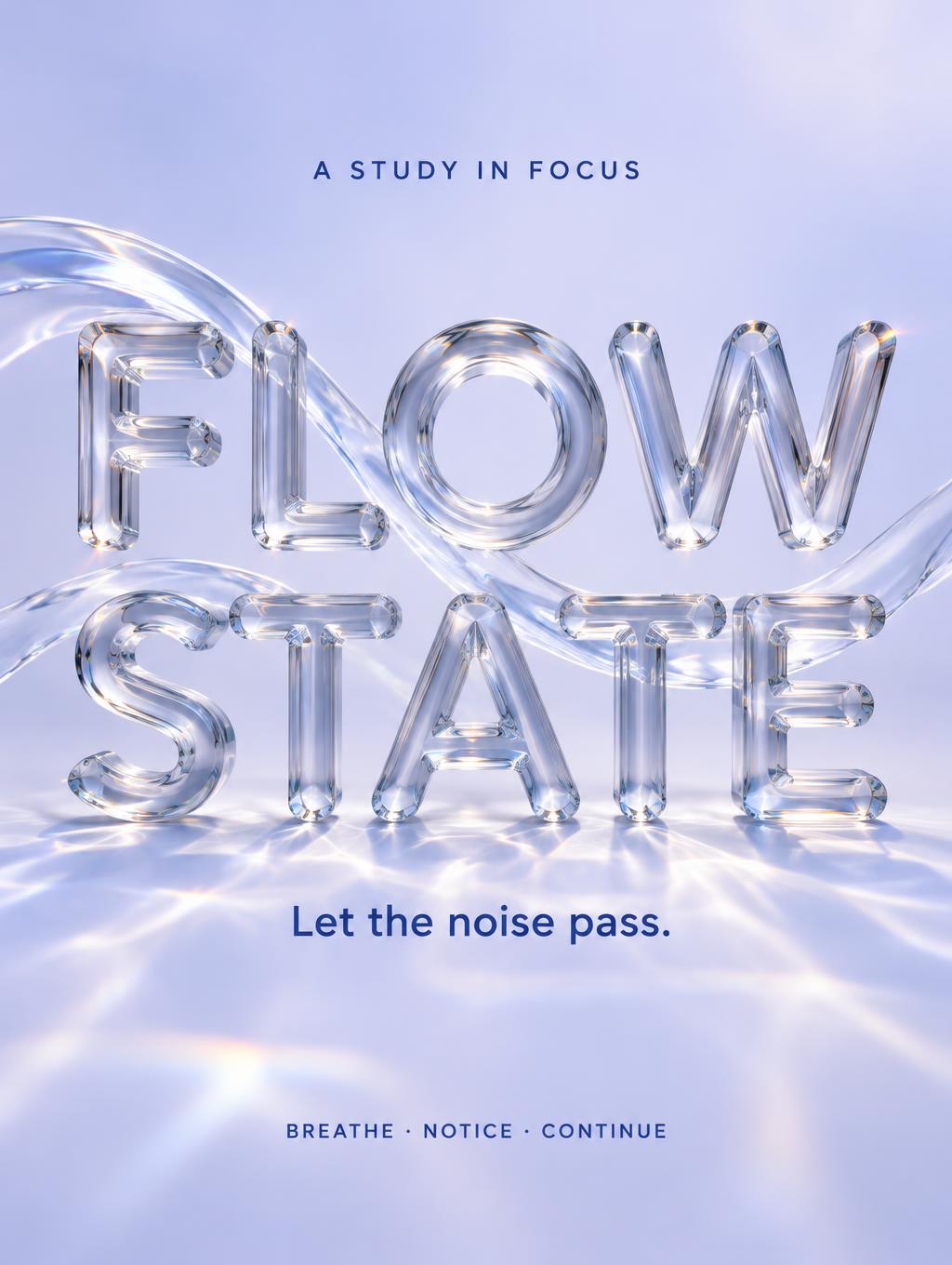 "FLOW STATE
A STUDY IN FOCUS
Let the noise pass.
BREATHE · NOTICE · CONTINUE" — Glass | AI Text Effect Generator