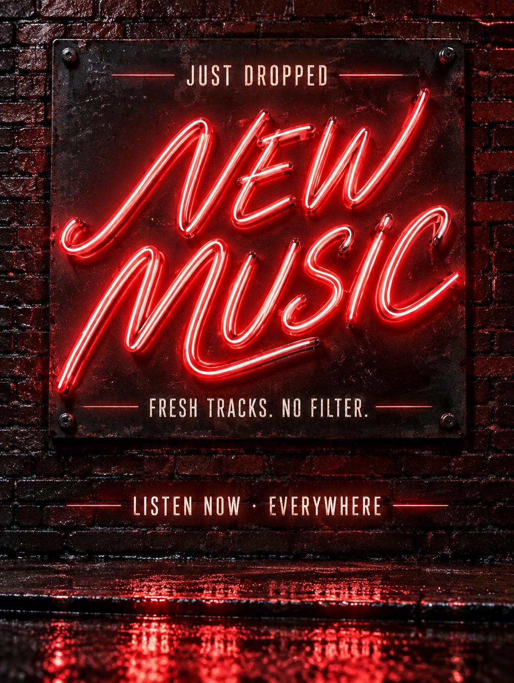 "NEW MUSIC
JUST DROPPED
FRESH TRACKS. NO FILTER.
LISTEN NOW · EVERYWHERE" — Neon Sign | AI Text Effect Generator