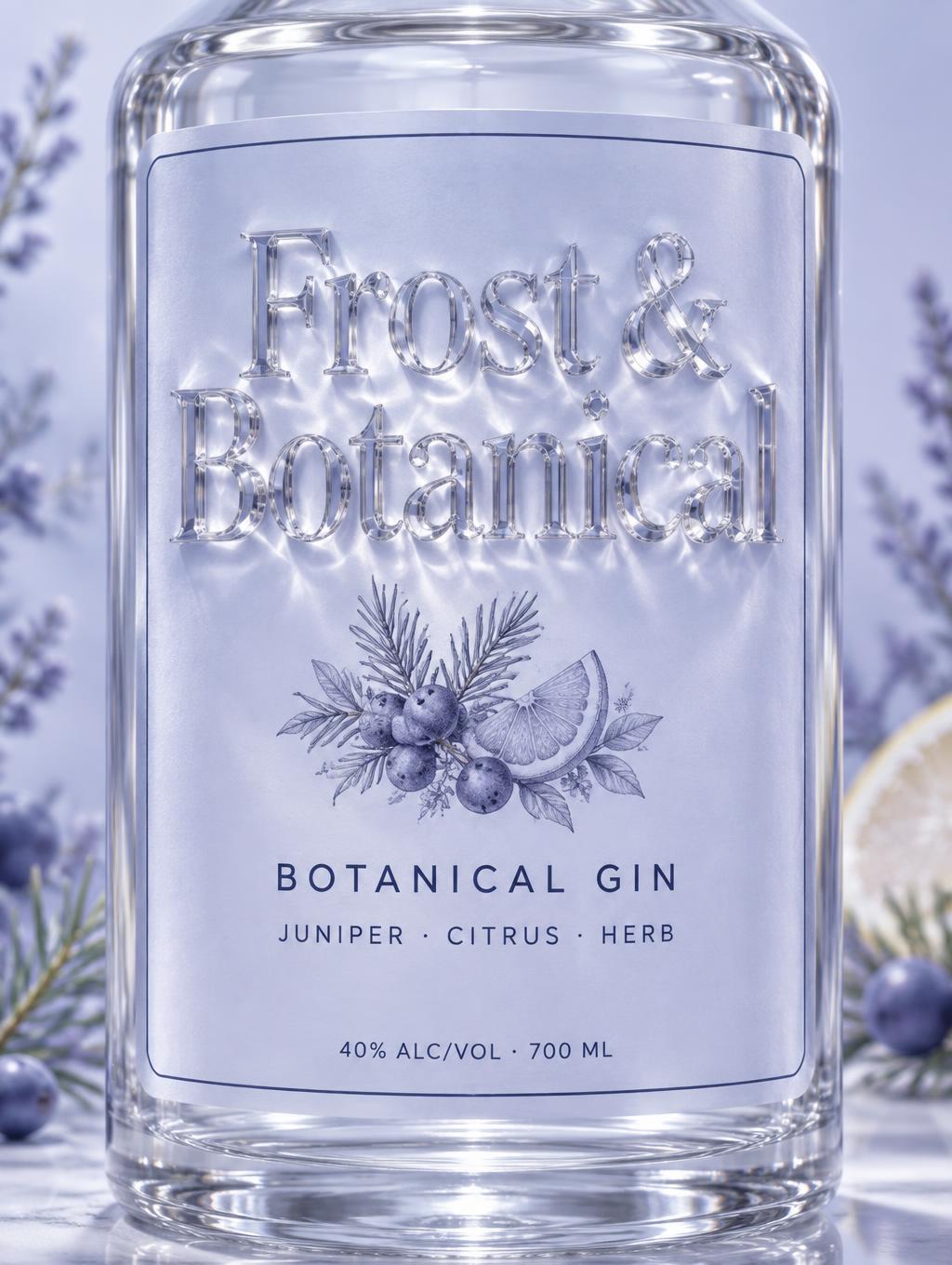 "Frost & Botanical
BOTANICAL GIN
JUNIPER · CITRUS · HERB
40% ALC/VOL · 700 ML" — Glass | AI Text Effect Generator