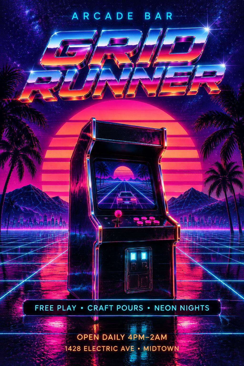 "GRID RUNNER
ARCADE BAR
FREE PLAY • CRAFT POURS • NEON NIGHTS
OPEN DAILY 4PM–2AM
1428 ELECTRIC AVE • MIDTOWN" — Synthwave | AI Text Effect Generator